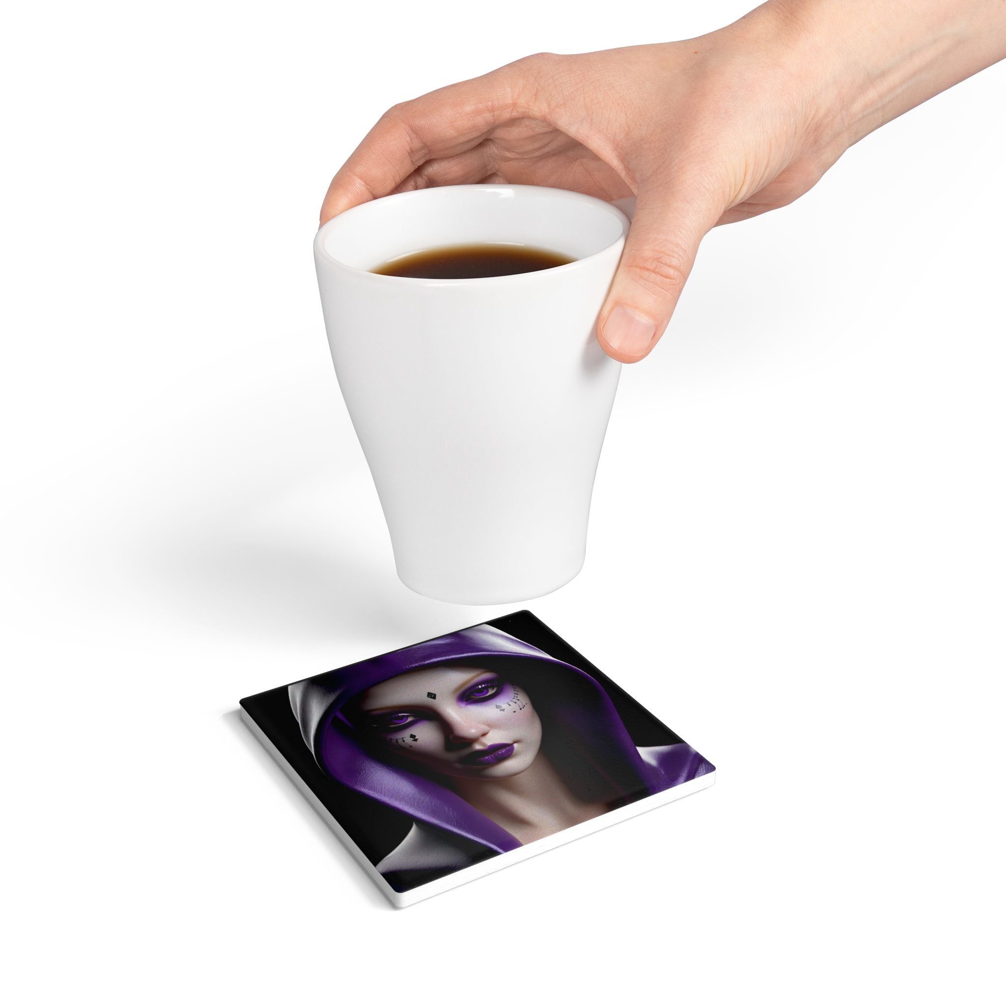 Sous-verre en céramique portrait de sorcière violette mystique – Tapis de boisson fantaisie gothique