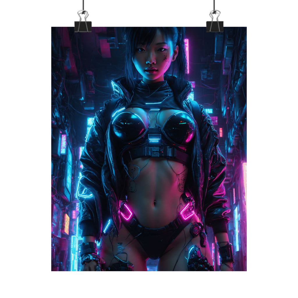 Cyberpunk Neon Female Warrior Matte Poster — Futuristic Sci‑Fi Wall Art