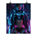 Cyberpunk Neon Female Warrior Matte Poster — Futuristic Sci‑Fi Wall Art