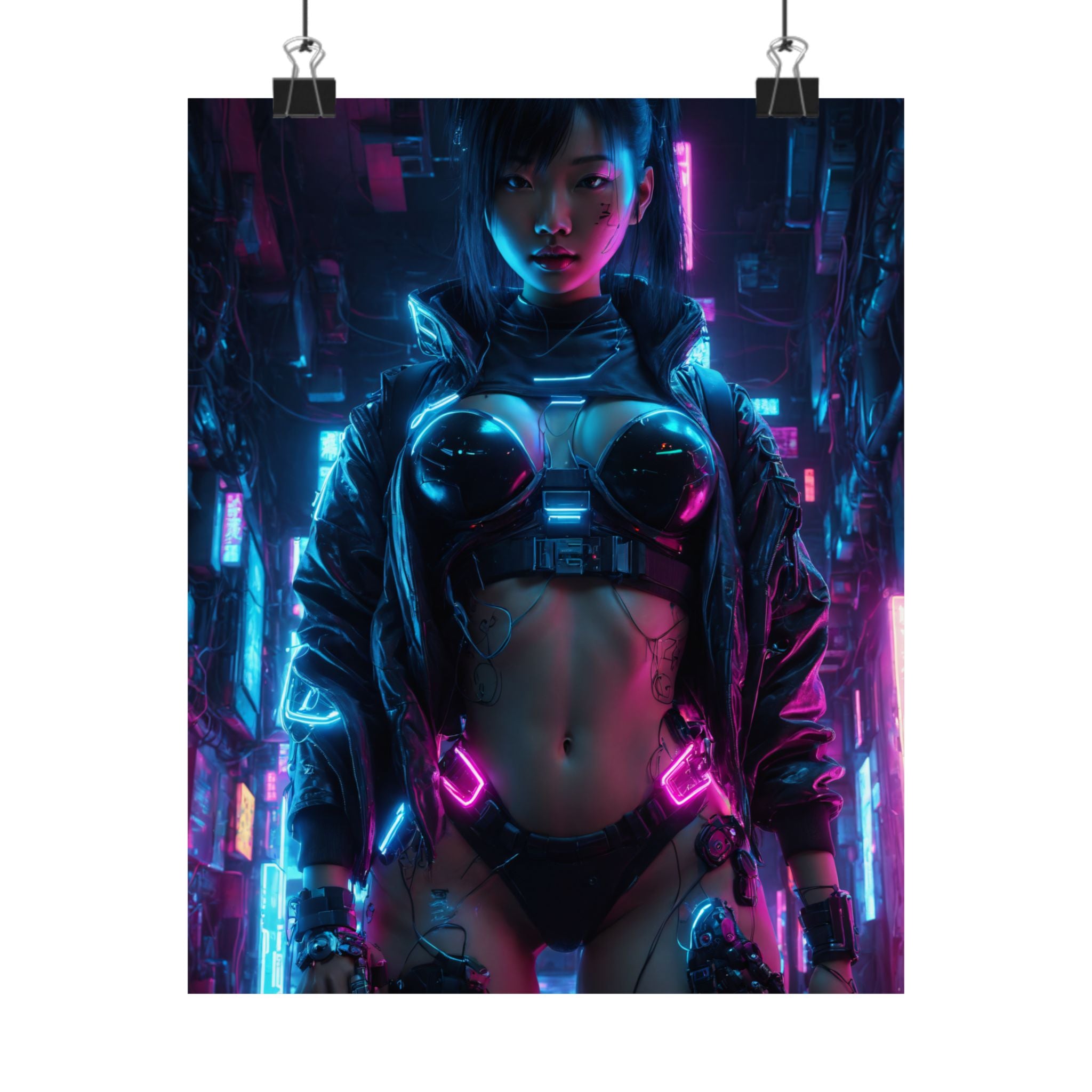 Cyberpunk Neon Female Warrior Matte Poster — Futuristic Sci‑Fi Wall Art