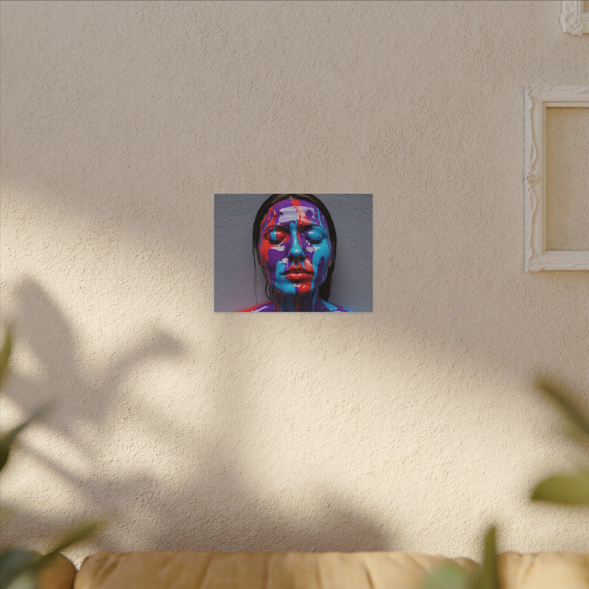 Tableau sur toile « Portrait goutte de couleur » — Art abstrait vibrant de visage sur toile tendue mate