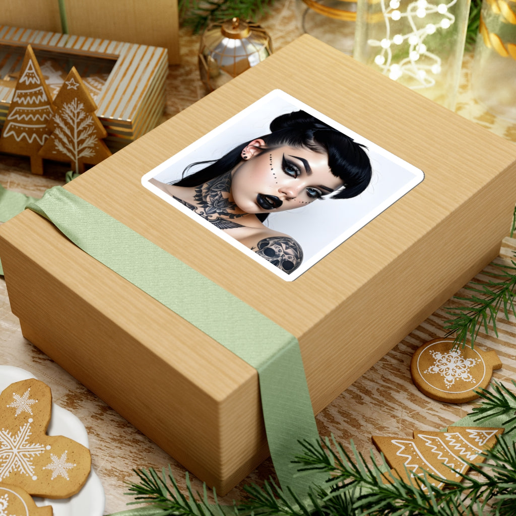 Goth Girl Portrait Kiss-Cut Sticker — Dark Makeup & Tattoo Laptop Decal