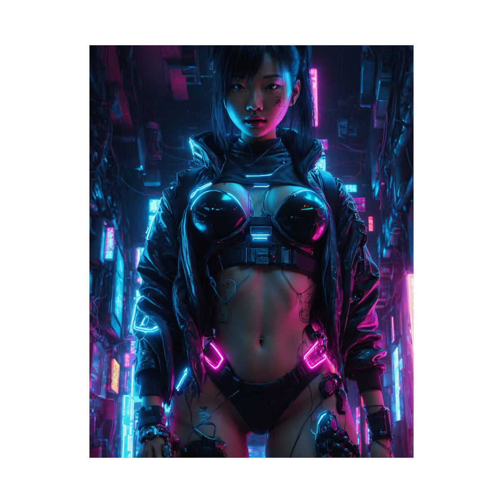 Cyberpunk Neon Female Warrior Matte Poster — Futuristic Sci‑Fi Wall Art