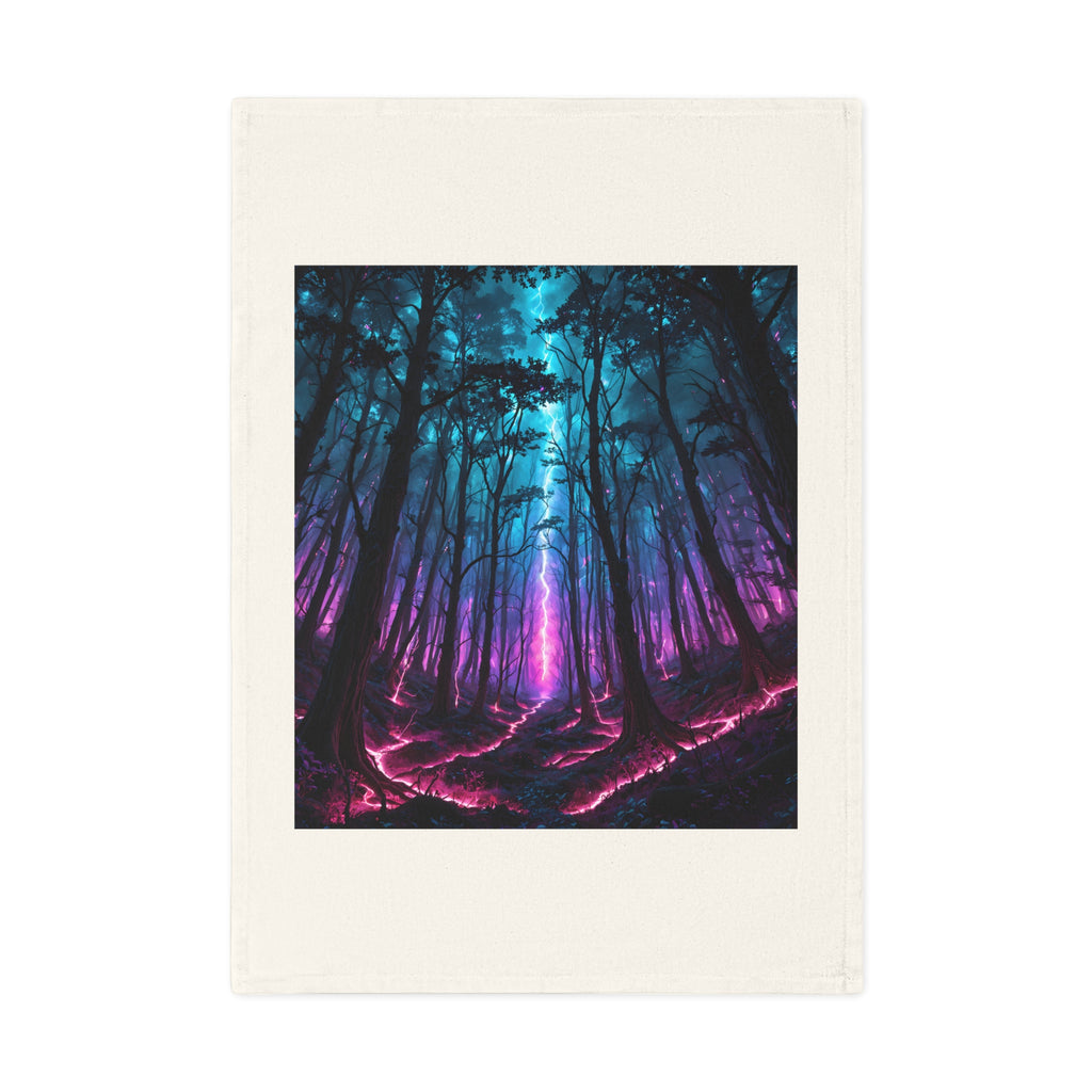 Mystic Neon Forest Cotton Tea Towel — Vibrant Blue & Purple Woodland Kitchen Decor