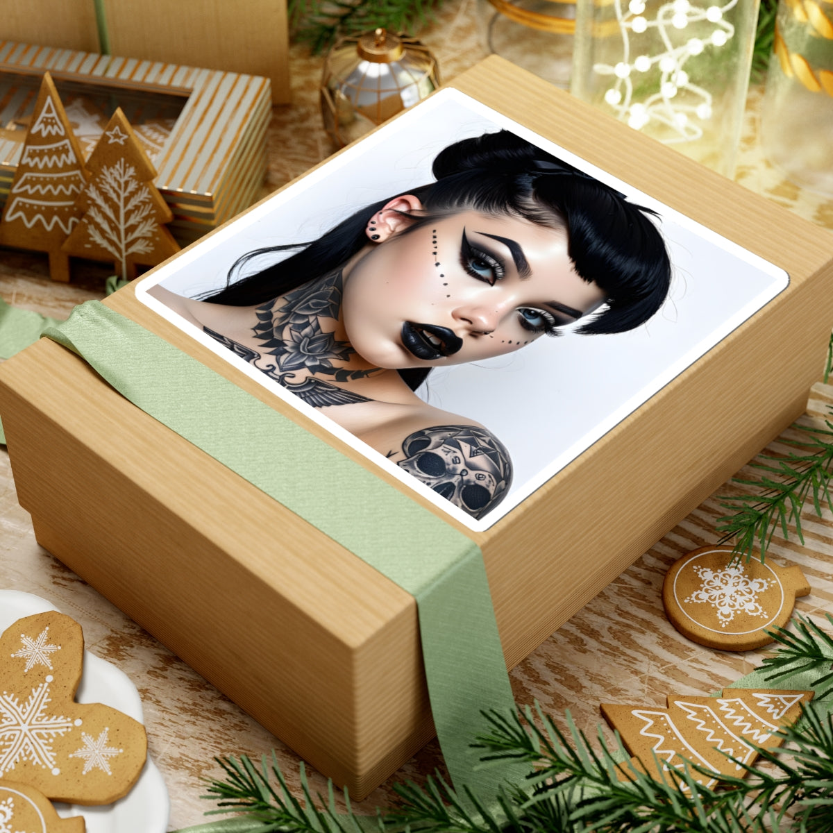 Goth Girl Portrait Kiss-Cut Sticker — Dark Makeup & Tattoo Laptop Decal