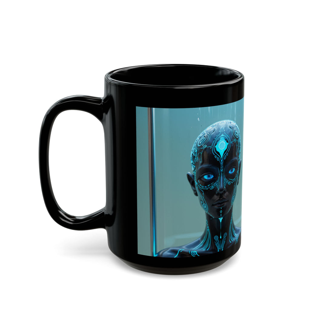 Mug noir Visage de Cyborg Mystique — Tasse à café Portrait néon futuriste (325 ml/443 ml)