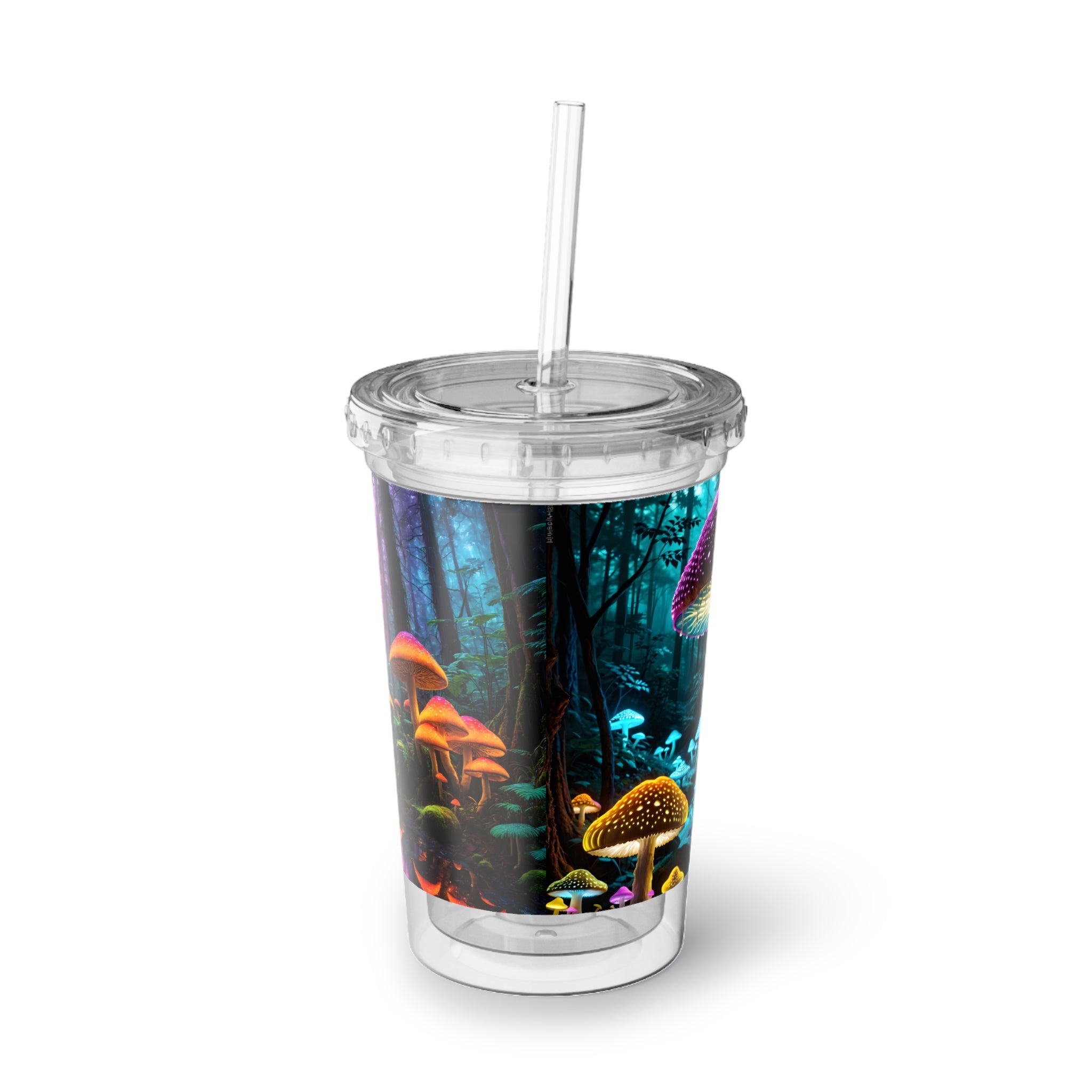 Mystical Neon Mushroom Acrylic Tumbler — Colorful Enchanted Forest Cup