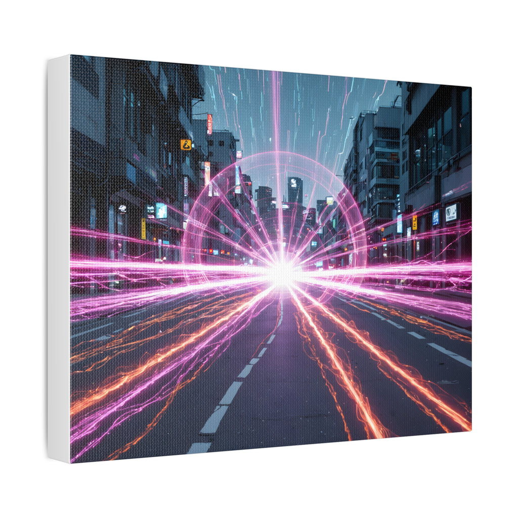 Neon Speedscape Stretched Canvas — Futuristic City Lightburst Wall Art