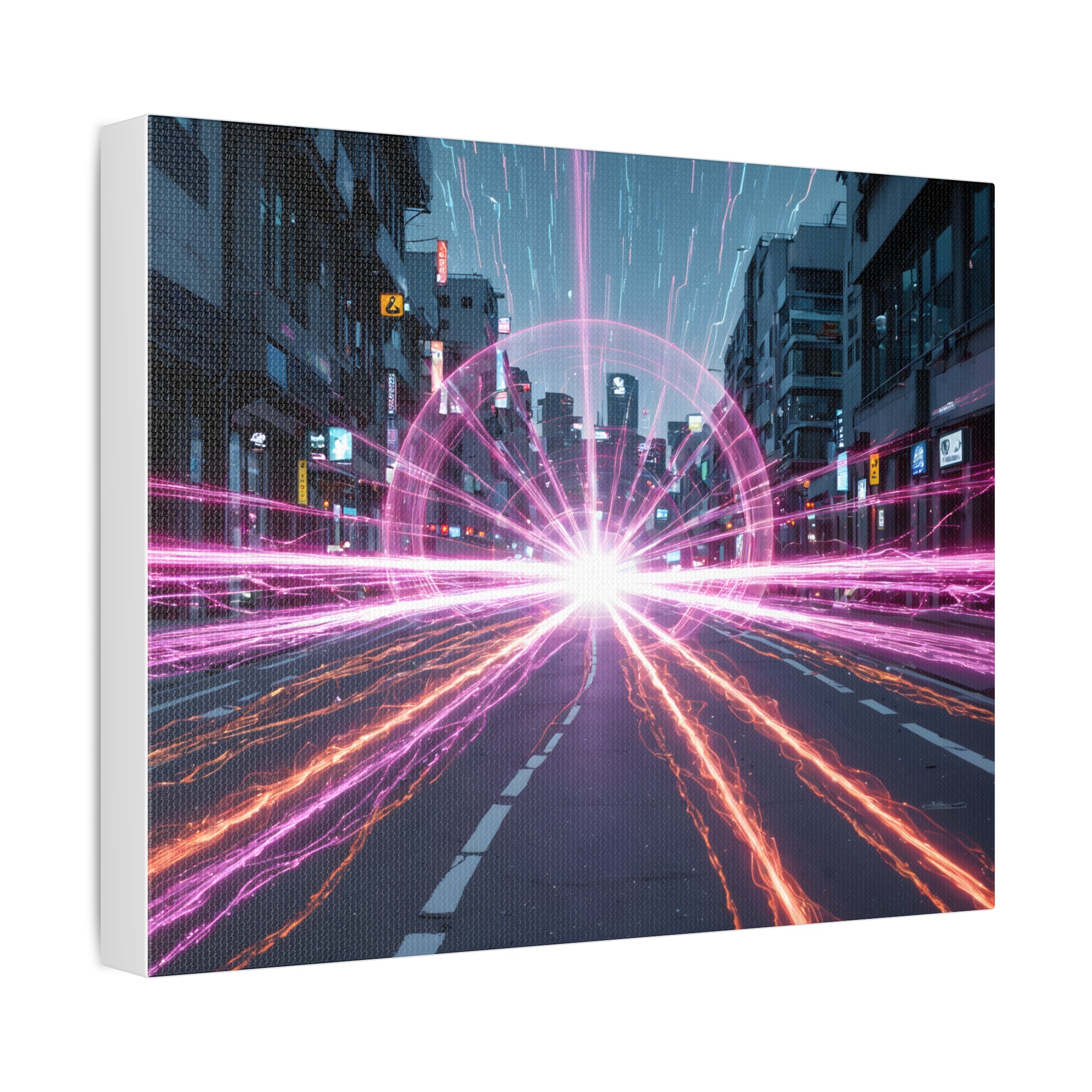 Neon Speedscape Stretched Canvas — Futuristic City Lightburst Wall Art