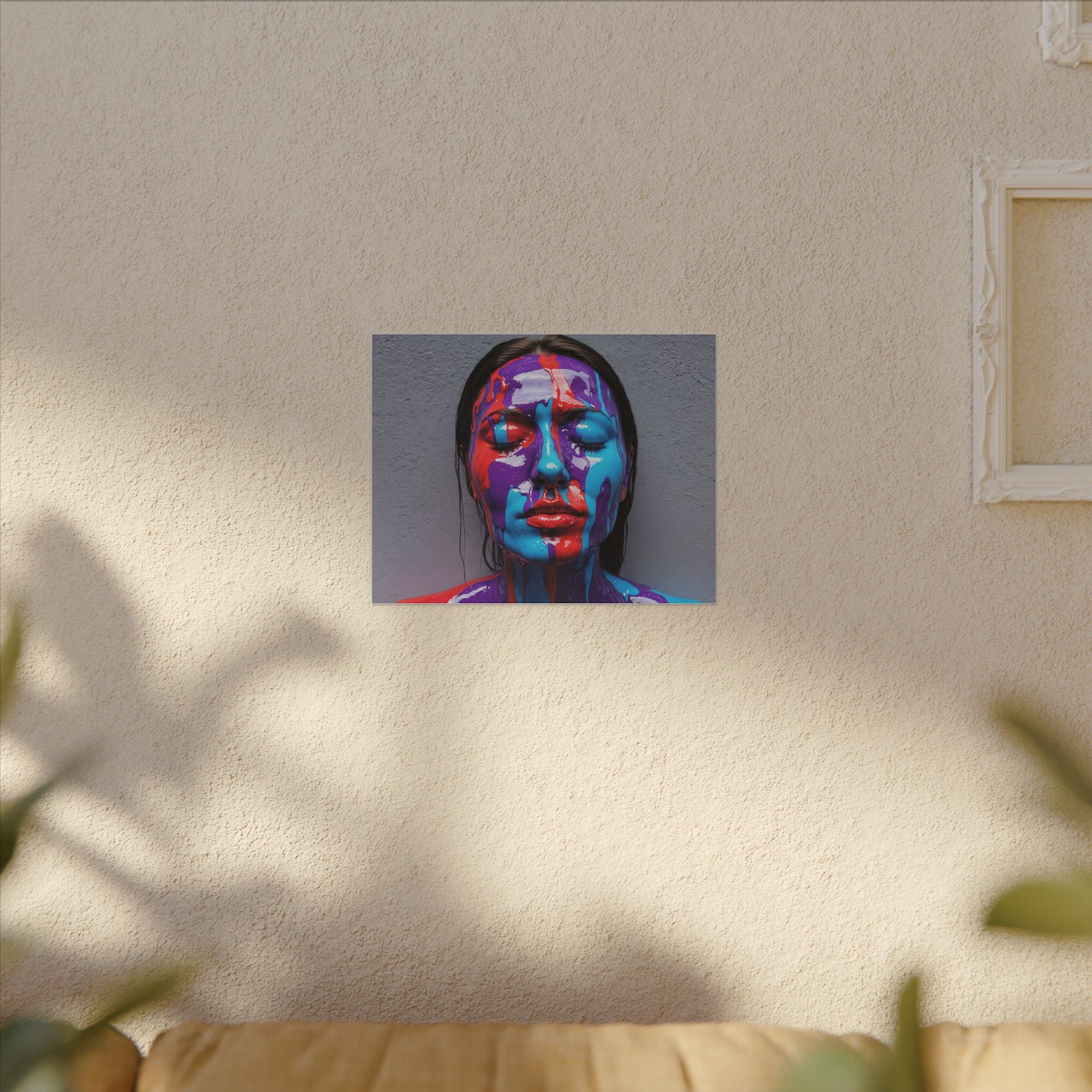 Tableau sur toile « Portrait goutte de couleur » — Art abstrait vibrant de visage sur toile tendue mate