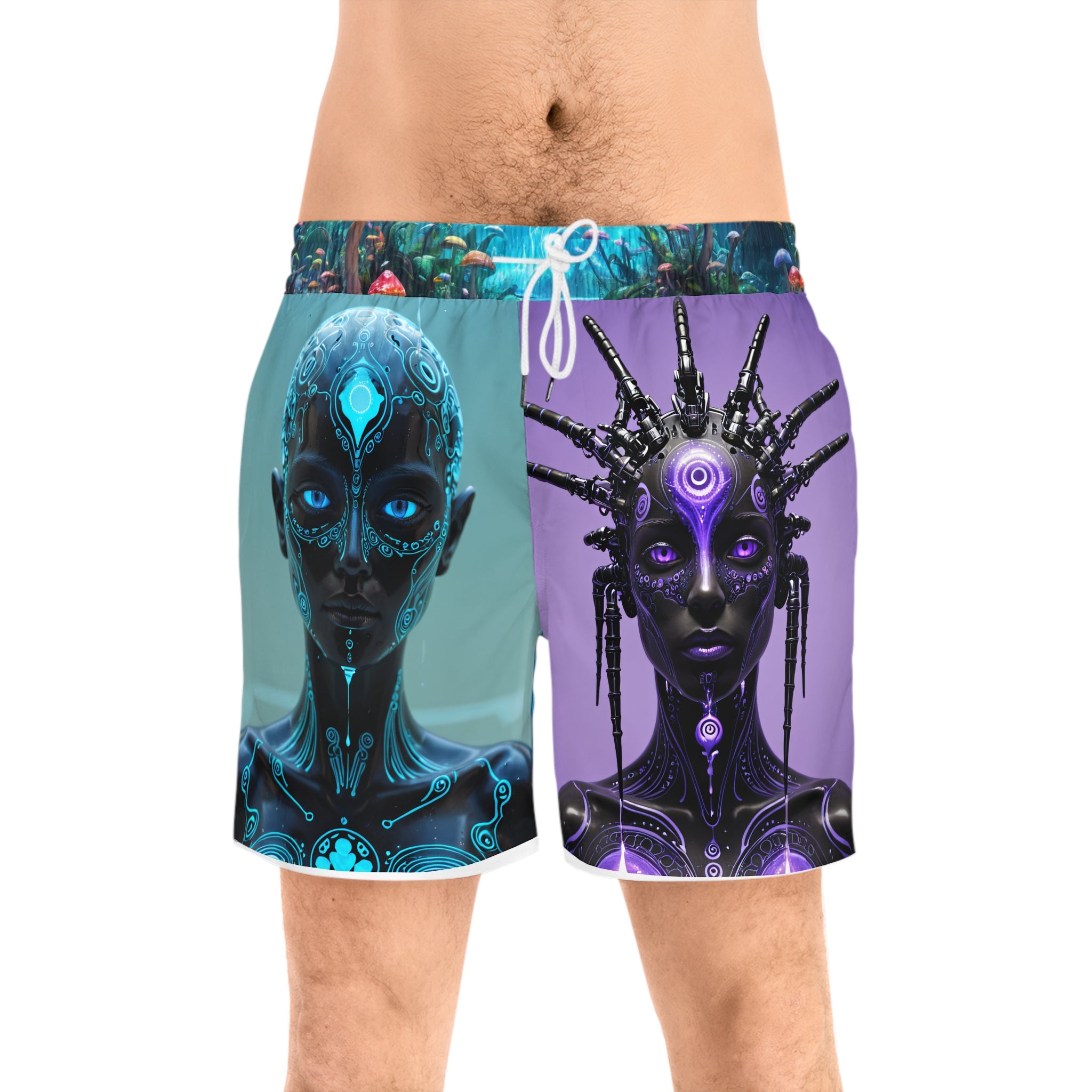 Cyber Tribal Swim Shorts — Futuristic Neon Face Art Men’s Swim Trunks