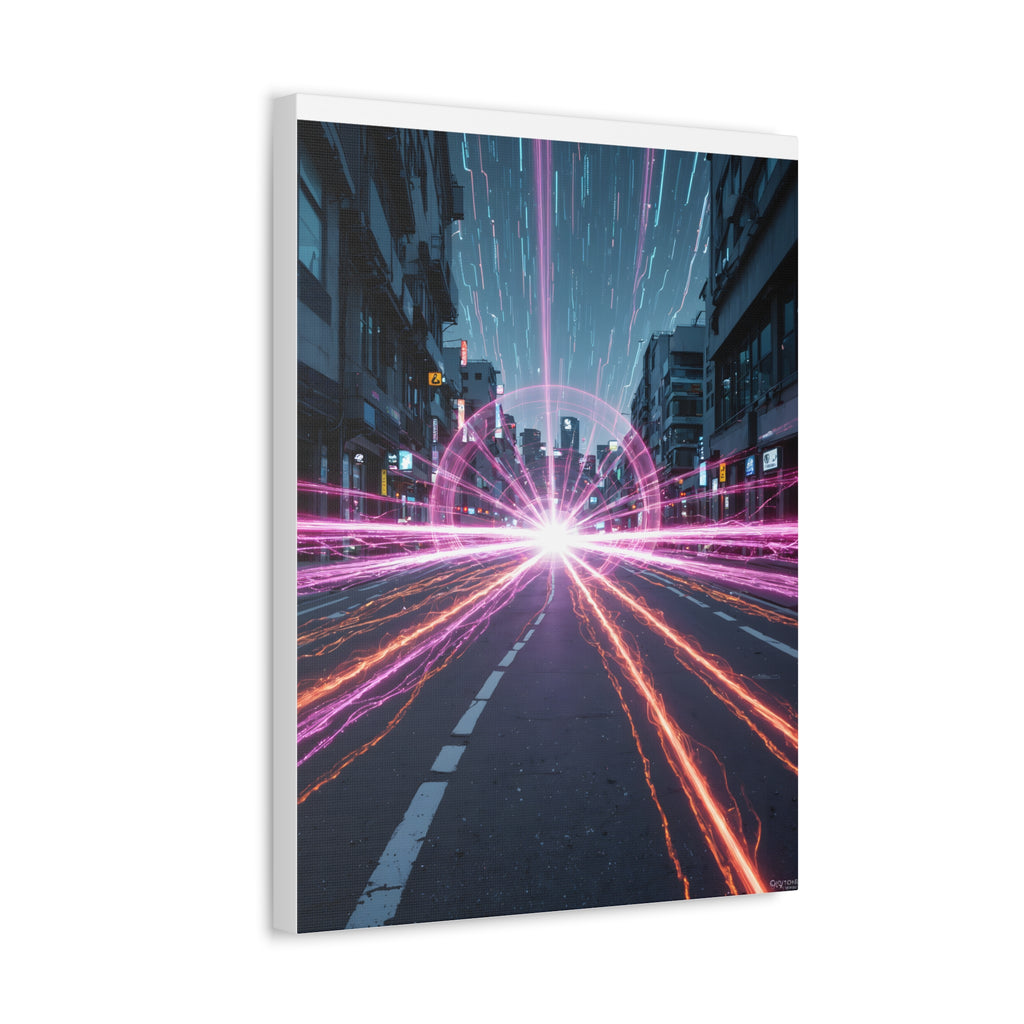 Neon Speedscape Stretched Canvas — Futuristic City Lightburst Wall Art