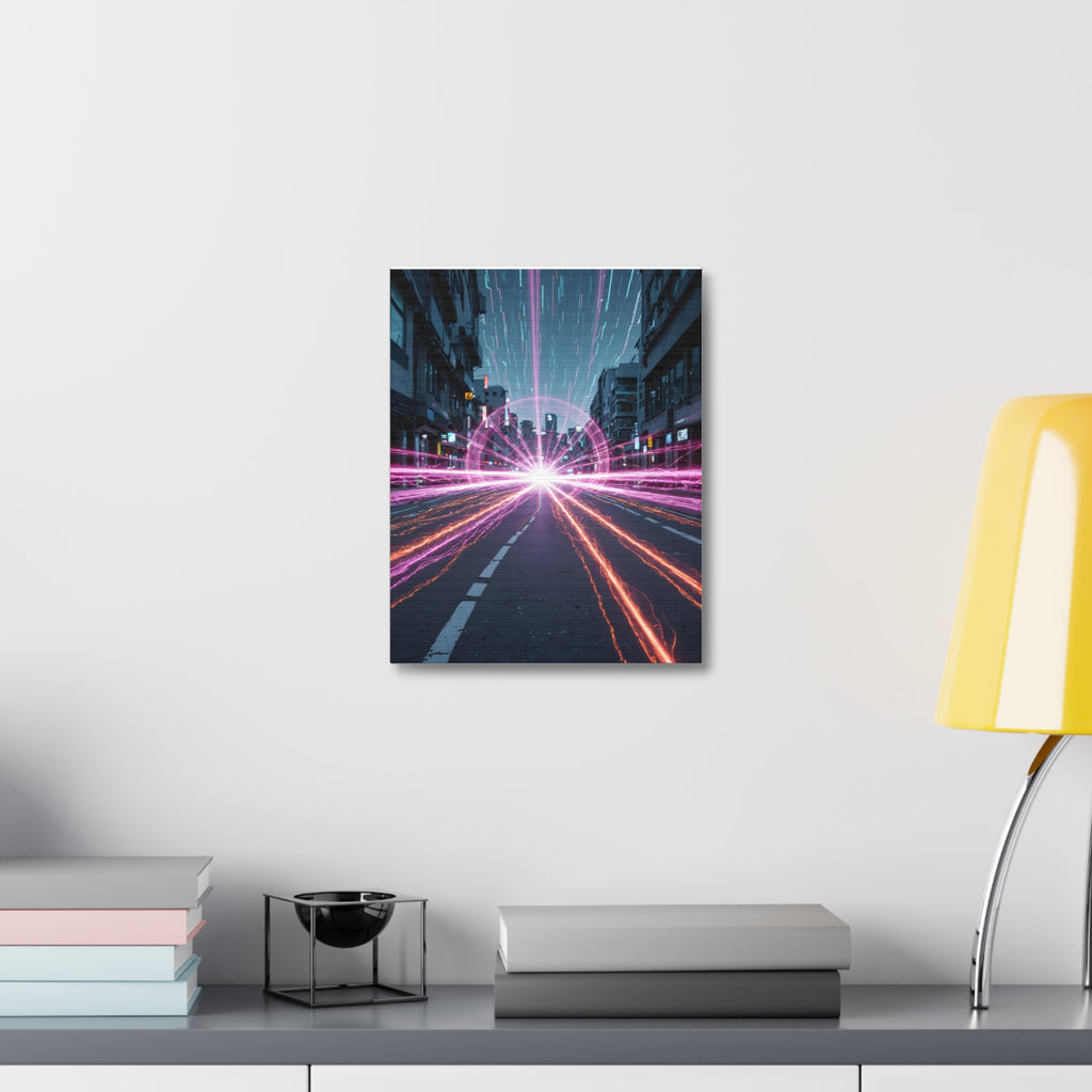 Neon Speedscape Stretched Canvas — Futuristic City Lightburst Wall Art