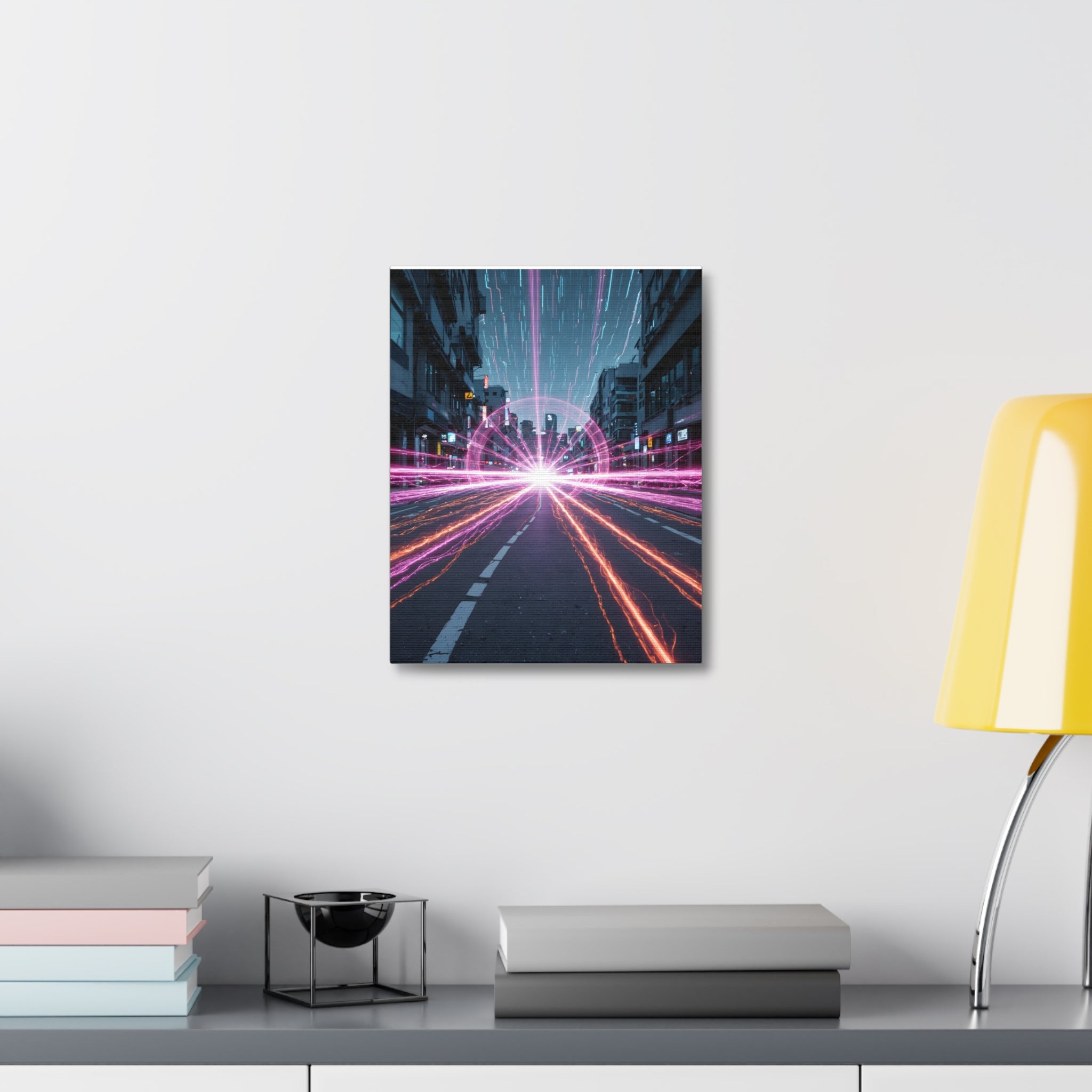 Neon Speedscape Stretched Canvas — Futuristic City Lightburst Wall Art