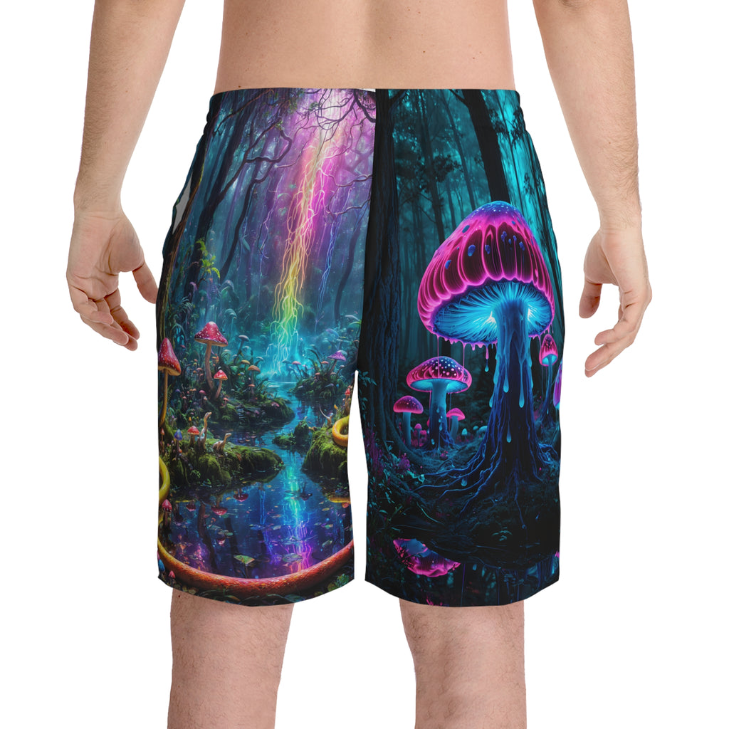 Psychedelic Forest Beach Shorts — Neon Mushroom Rainbow Print