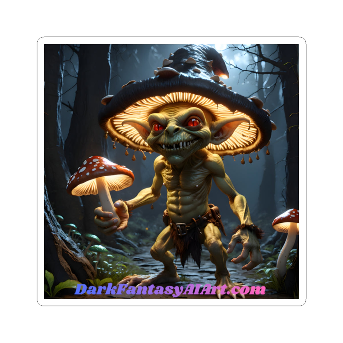 Goblin Mushroom Sticker — Dark Fantasy Kiss-Cut Decal ("DarkFantasyArt.com" Text)