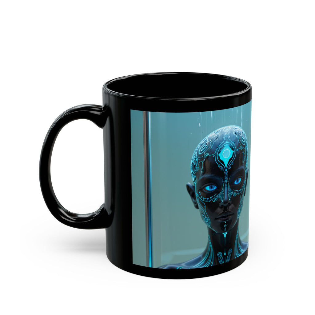 Mystic Cyborg Face Black Mug — Futuristic Neon Portrait Coffee Cup (11oz/15oz)