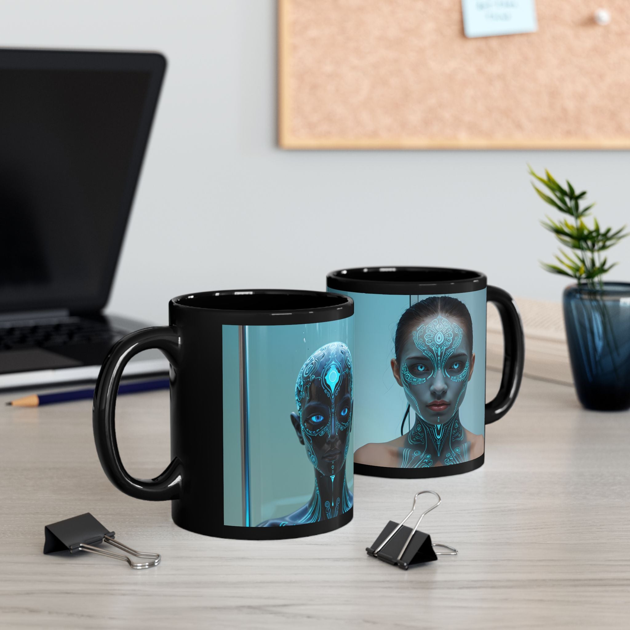 Mystic Cyborg Face Black Mug — Futuristic Neon Portrait Coffee Cup (11oz/15oz)