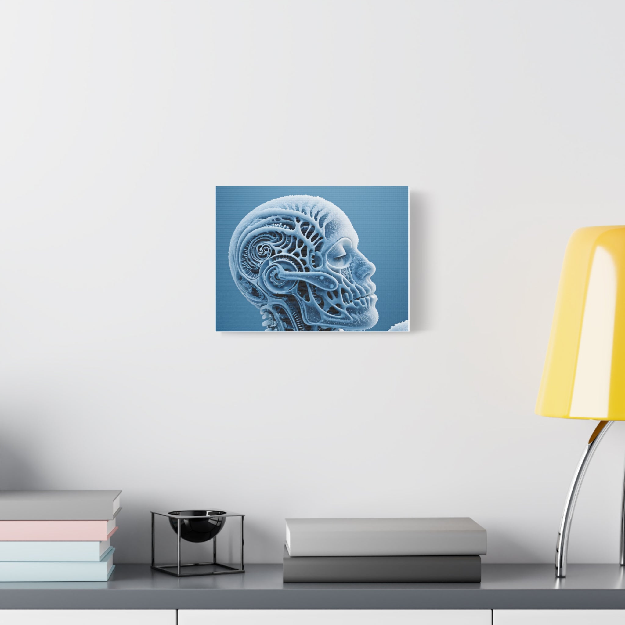 Frosted Mechanical Skull Canvas Art – Blue Anatomical Surreal Print