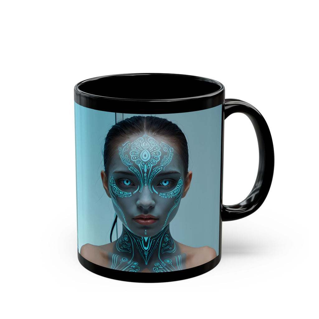 Mystic Cyborg Face Black Mug — Futuristic Neon Portrait Coffee Cup (11oz/15oz)