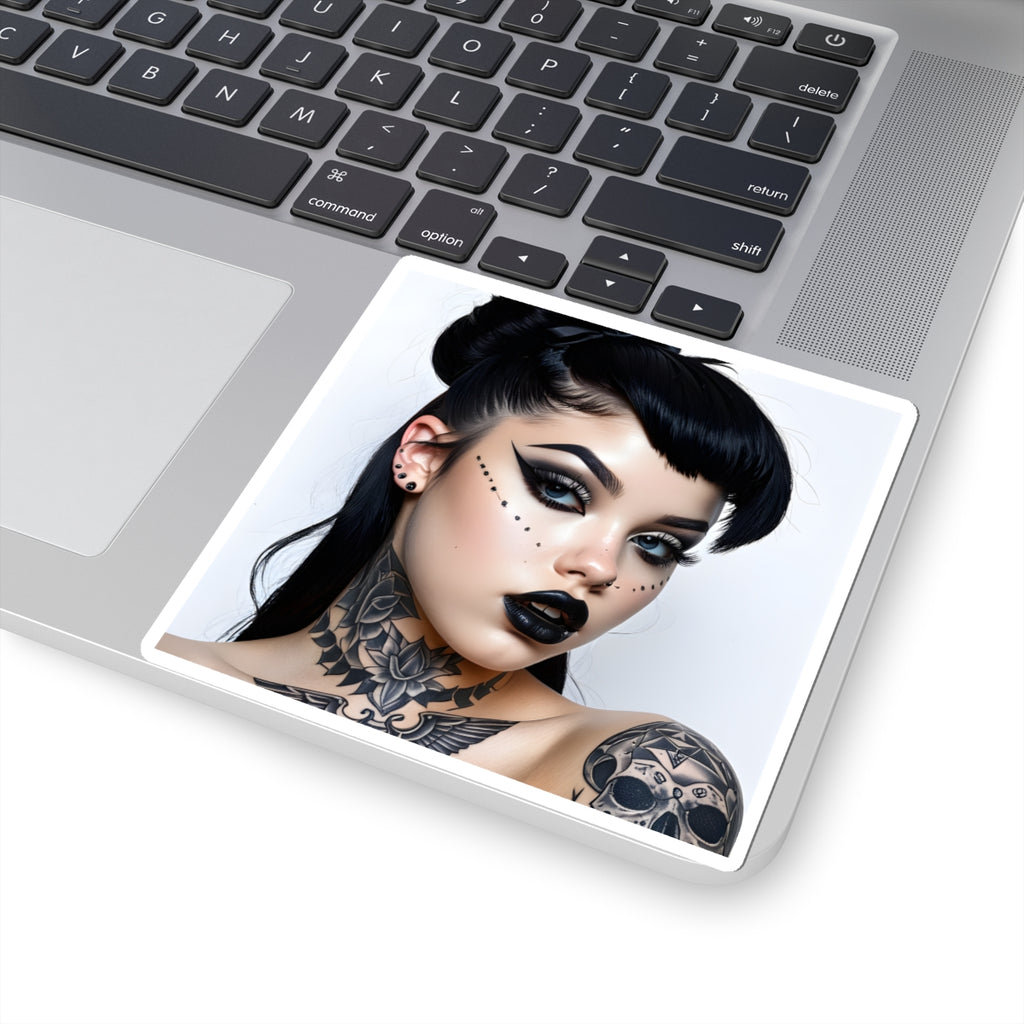 Goth Girl Portrait Kiss-Cut Sticker — Dark Makeup & Tattoo Laptop Decal