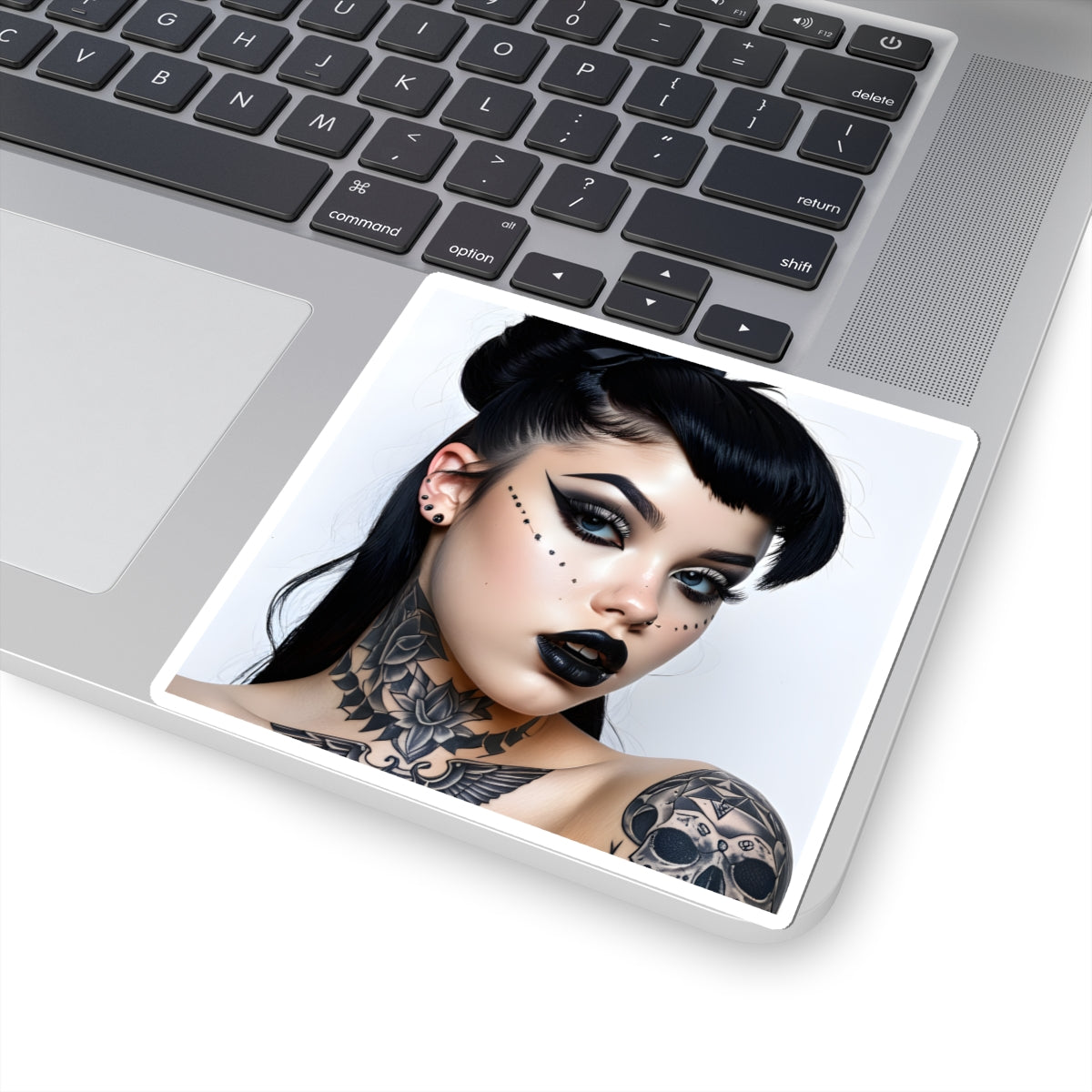 Goth Girl Portrait Kiss-Cut Sticker — Dark Makeup & Tattoo Laptop Decal