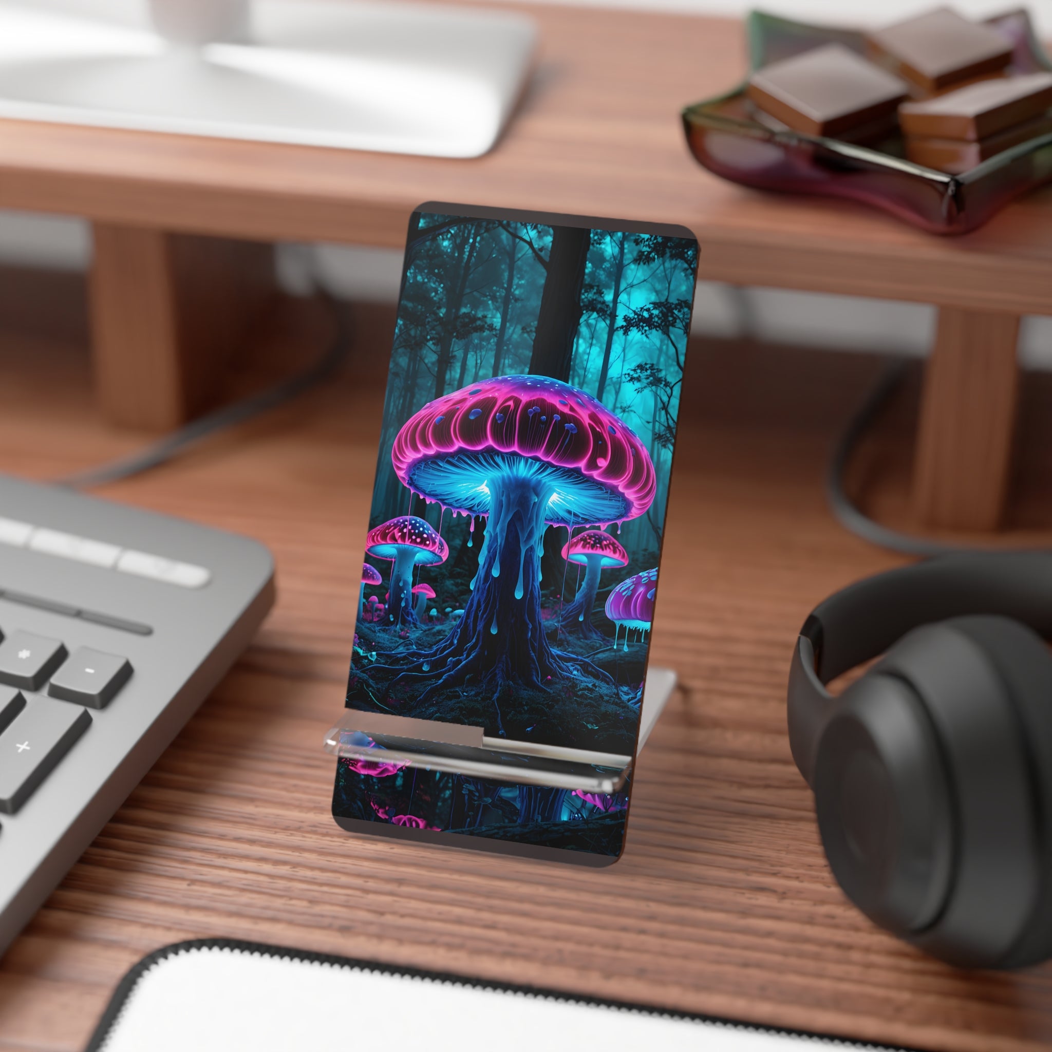 Phone Stand — Neon Glowing Mushroom Forest Mobile Display Stand