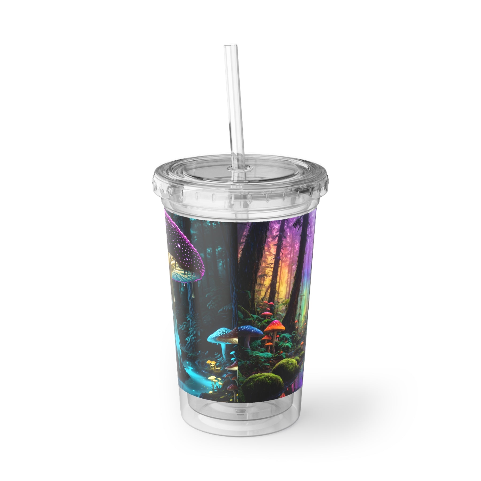Mystical Neon Mushroom Acrylic Tumbler — Colorful Enchanted Forest Cup