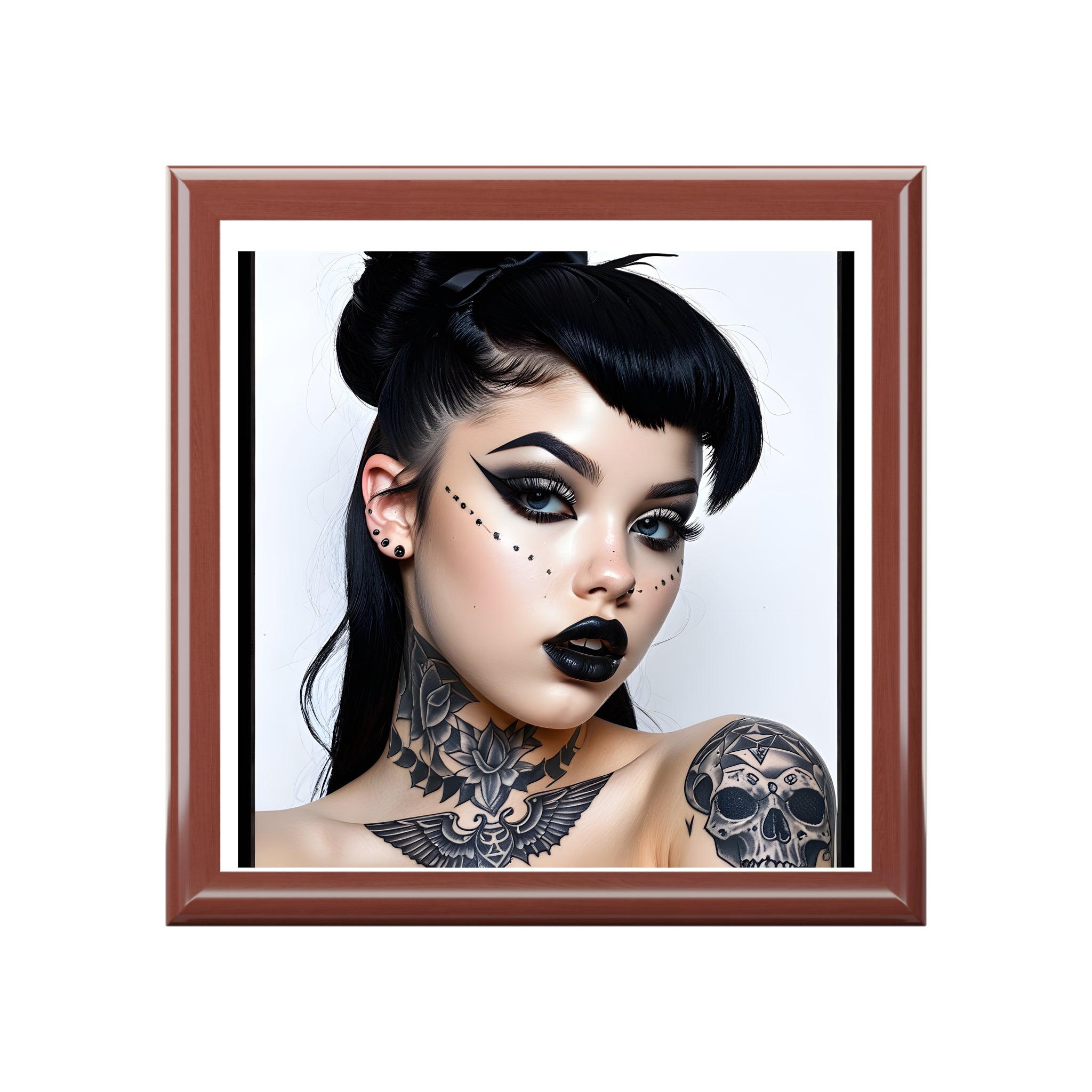 Gothic Tattoo pinup style Portrait Jewelry Box — Black Lacquer Trinket Case with Dark Glam Illustration