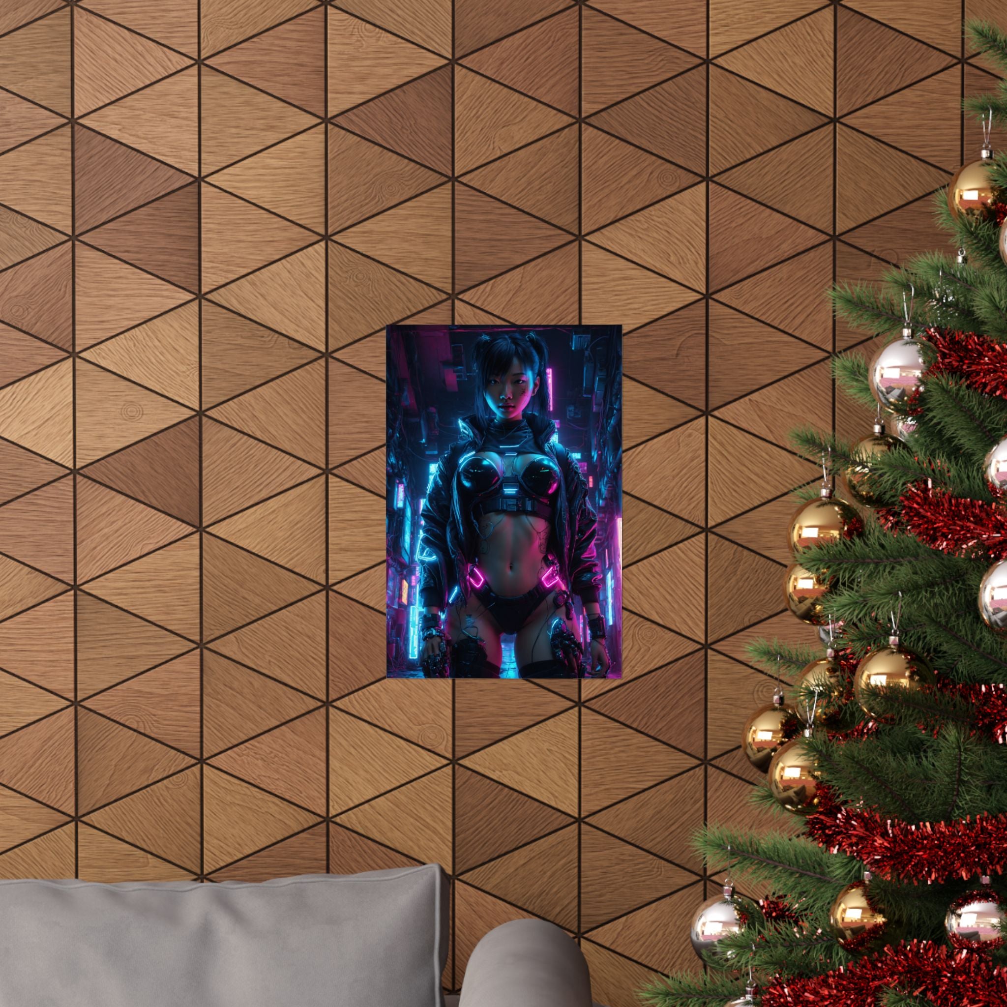 Cyberpunk Neon Female Warrior Matte Poster — Futuristic Sci‑Fi Wall Art