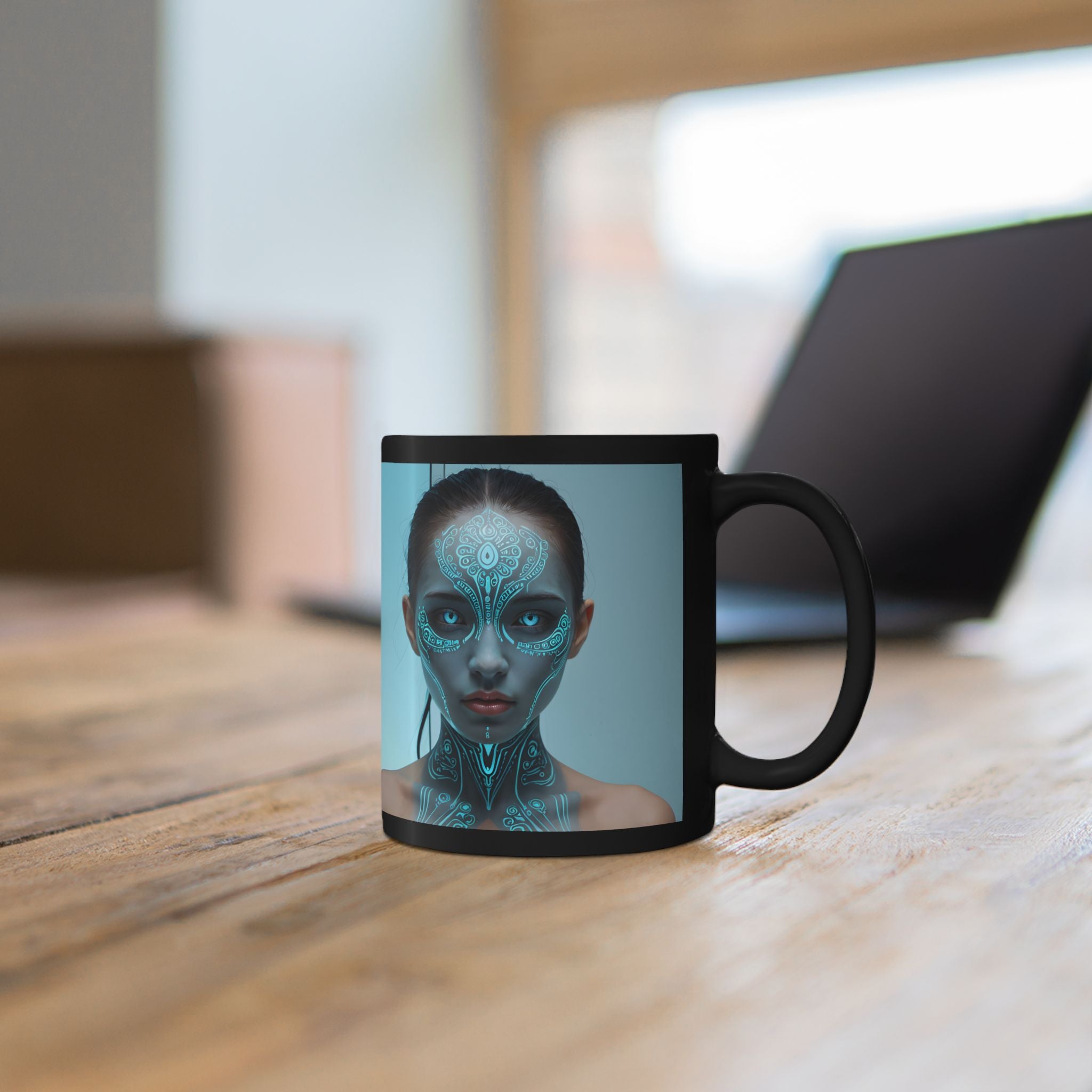 Mystic Cyborg Face Black Mug — Futuristic Neon Portrait Coffee Cup (11oz/15oz)