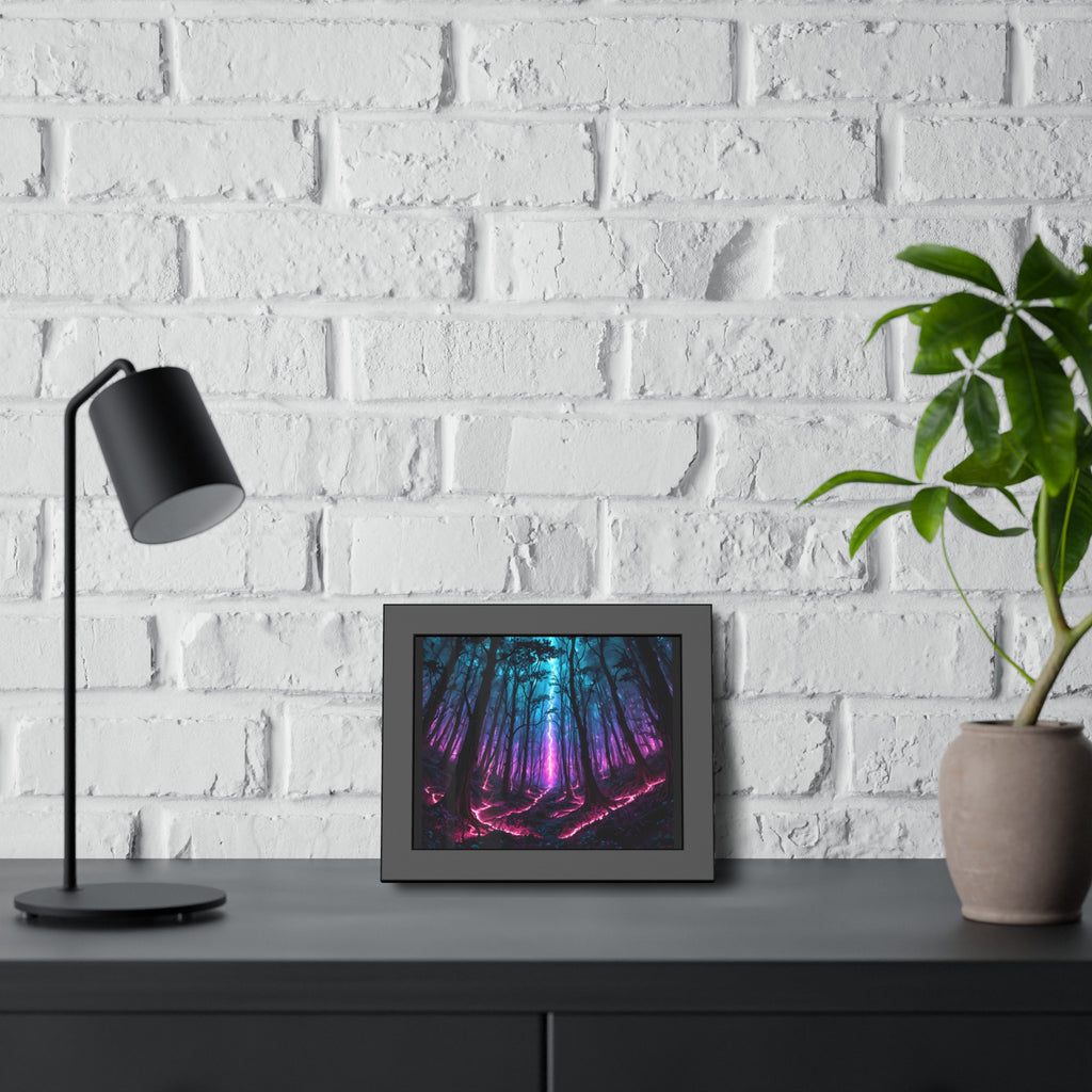 Neon Forest Framed Art Print — Mystical Purple & Teal Fantasy Poster
