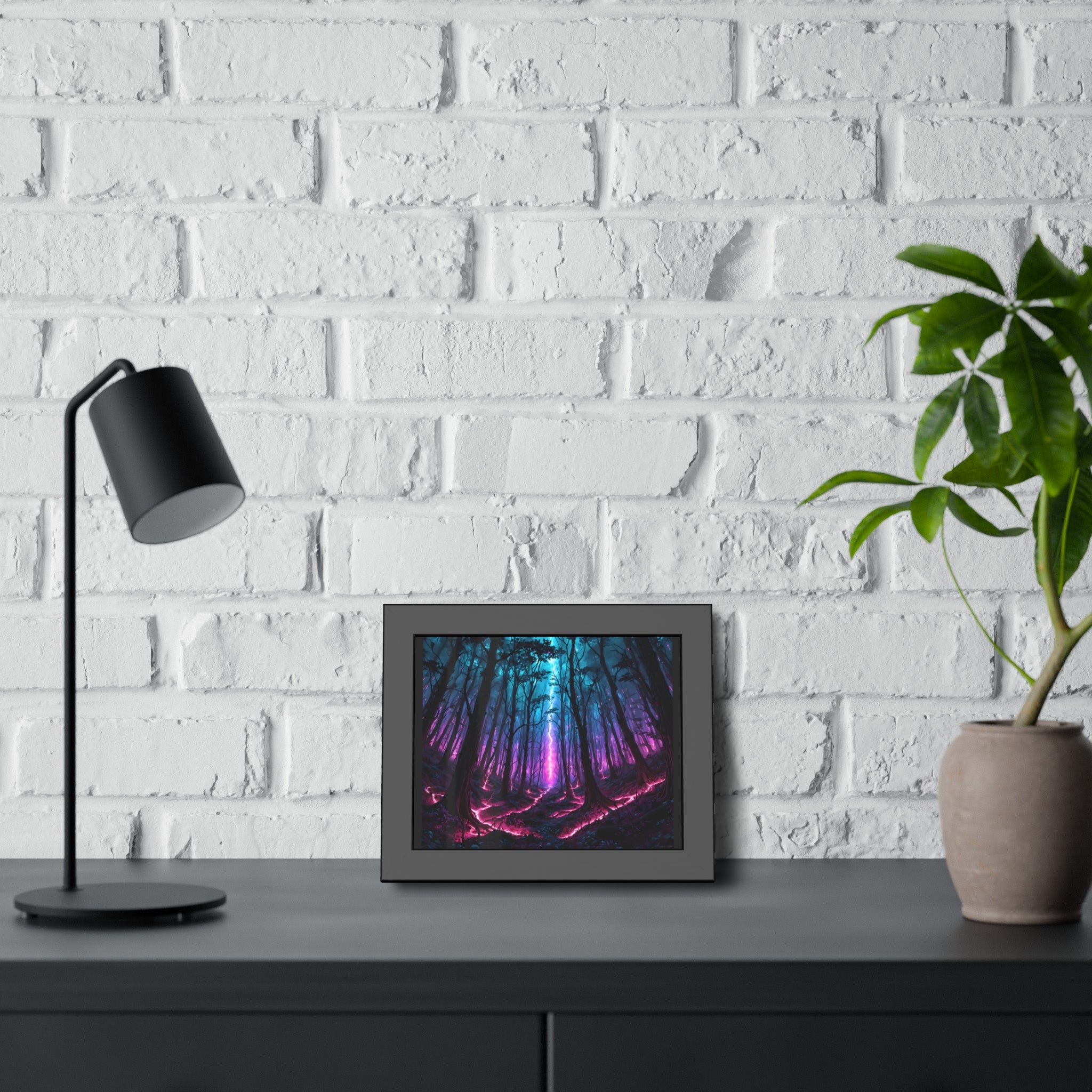 Neon Forest Framed Art Print — Mystical Purple & Teal Fantasy Poster