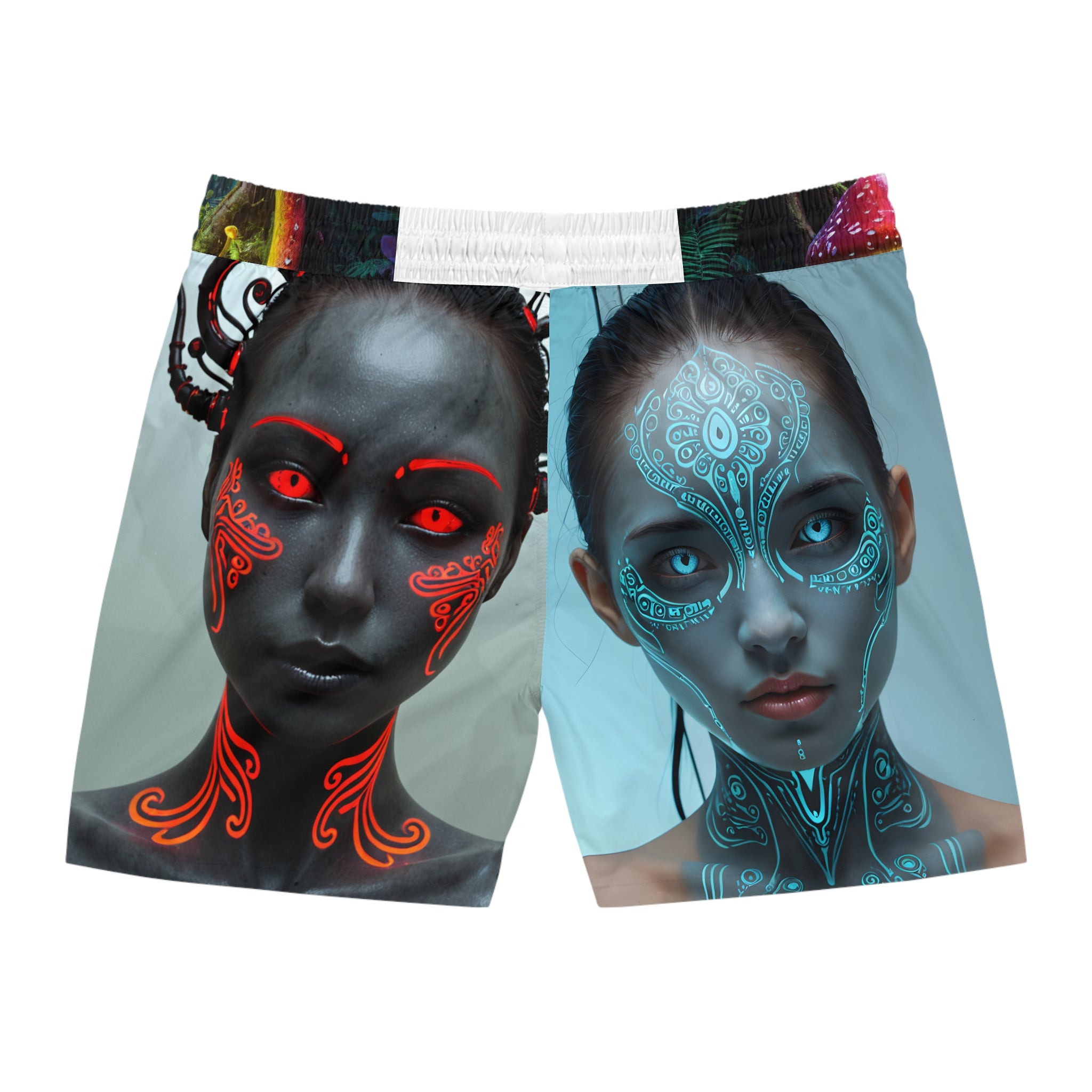 Cyber Tribal Swim Shorts — Futuristic Neon Face Art Men’s Swim Trunks