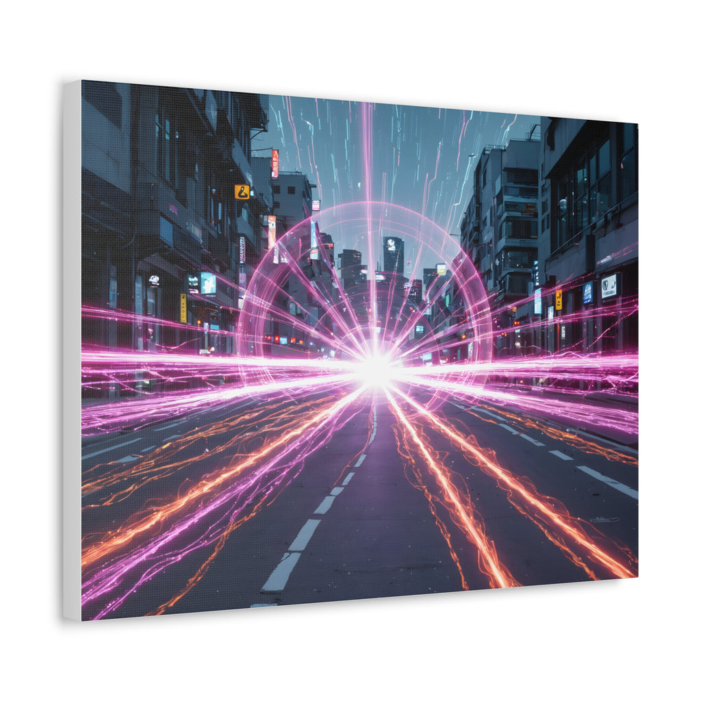 Neon Speedscape Stretched Canvas — Futuristic City Lightburst Wall Art