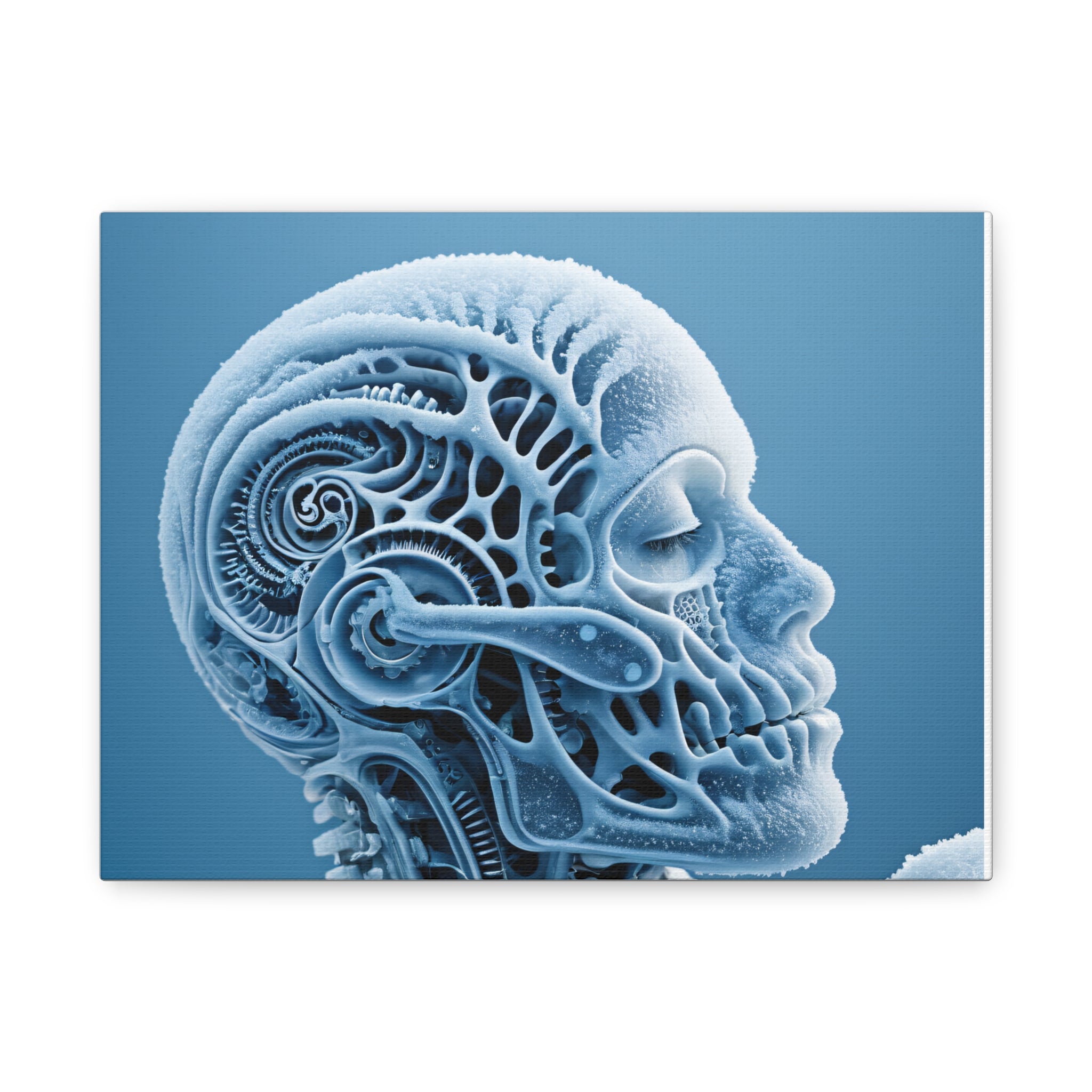 Frosted Mechanical Skull Canvas Art – Blue Anatomical Surreal Print
