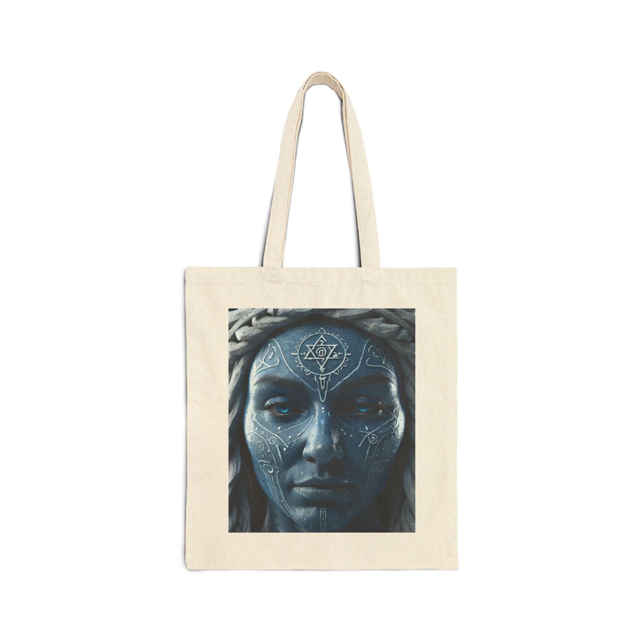 Mystic Face Art Canvas Tote — Boho Tribal Portrait Cotton Bag