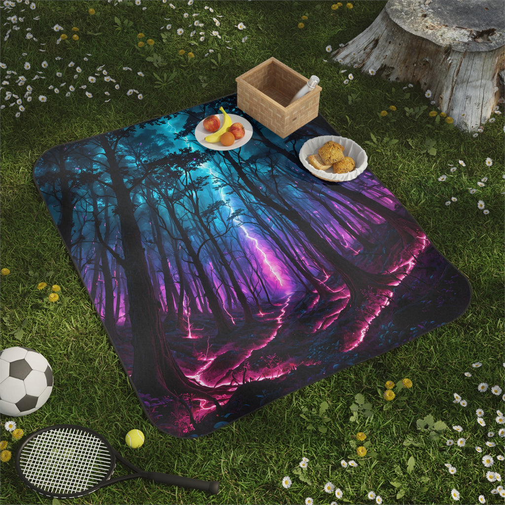 Mystic Neon Forest Picnic Blanket — Purple & Teal Fantasy Outdoor Throw