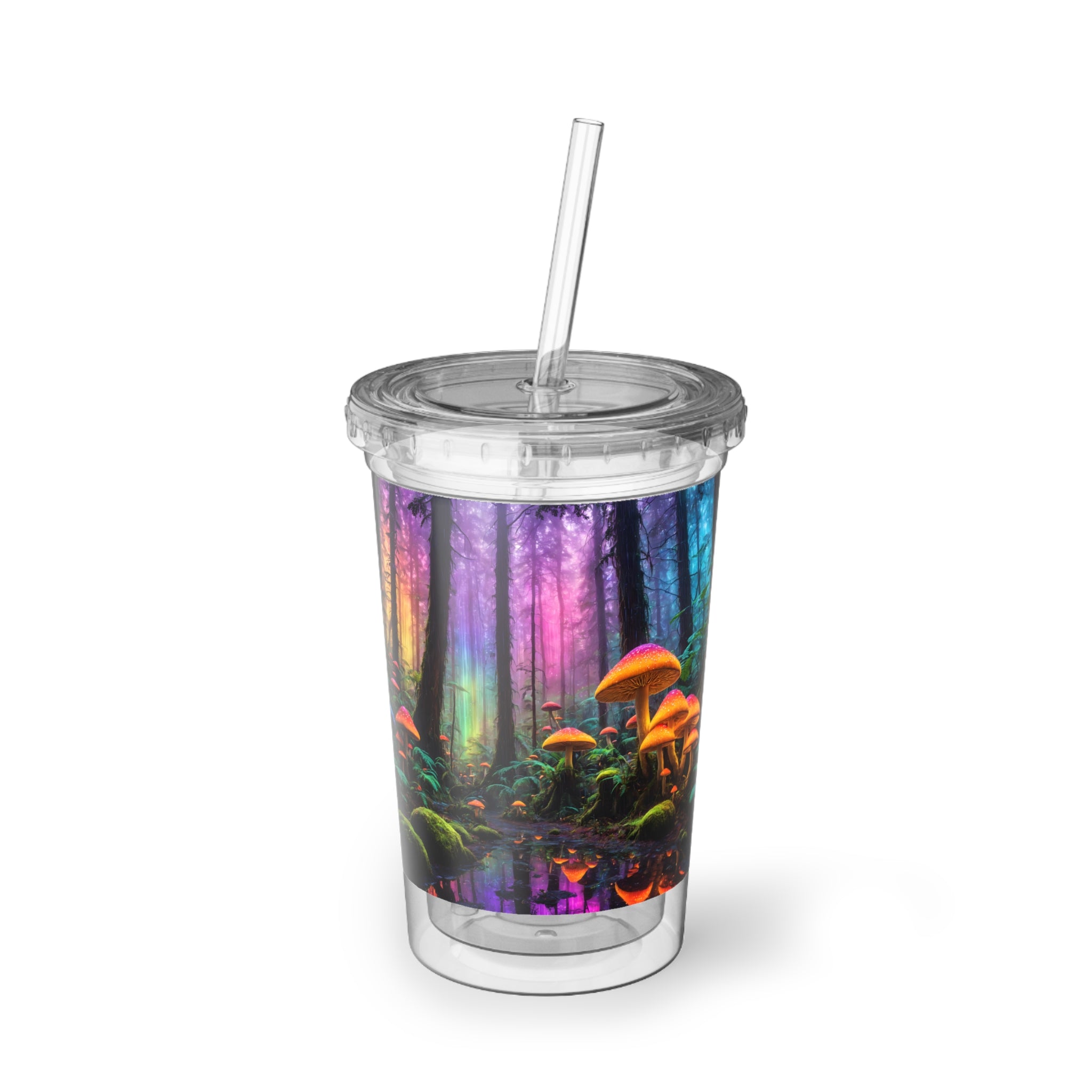 Mystical Neon Mushroom Acrylic Tumbler — Colorful Enchanted Forest Cup