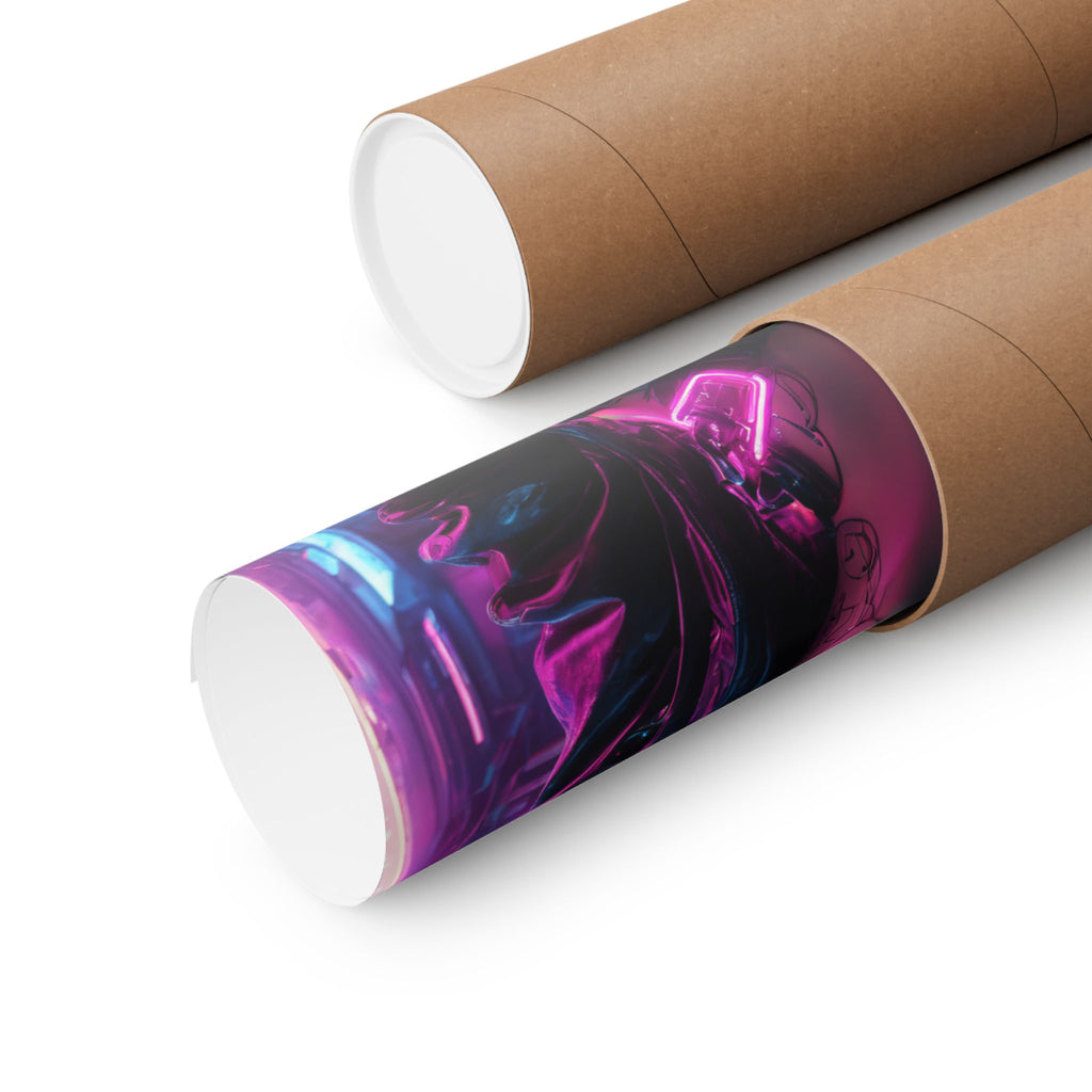 Cyberpunk Neon Female Warrior Matte Poster — Futuristic Sci‑Fi Wall Art