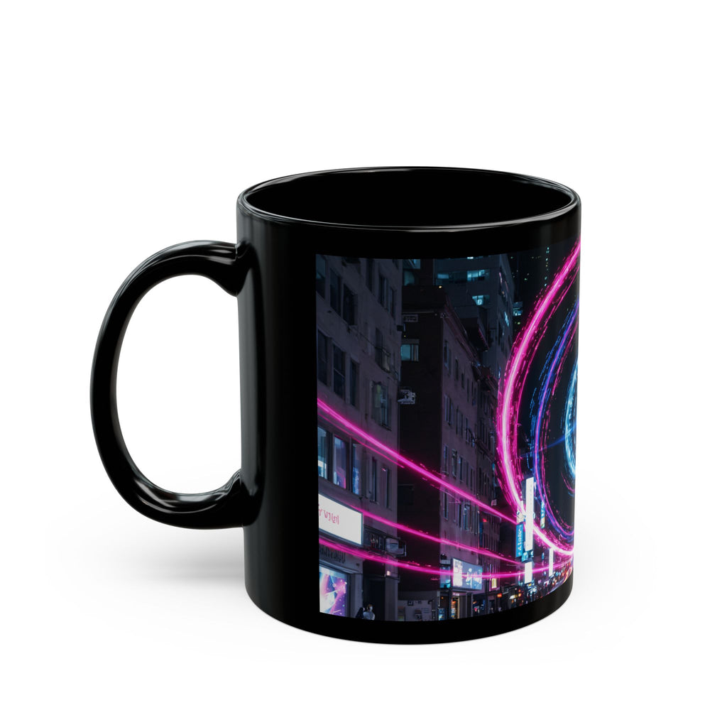 Neon City Vortex Mug — Cyberwave Black Ceramic Coffee Cup (11oz/15oz)