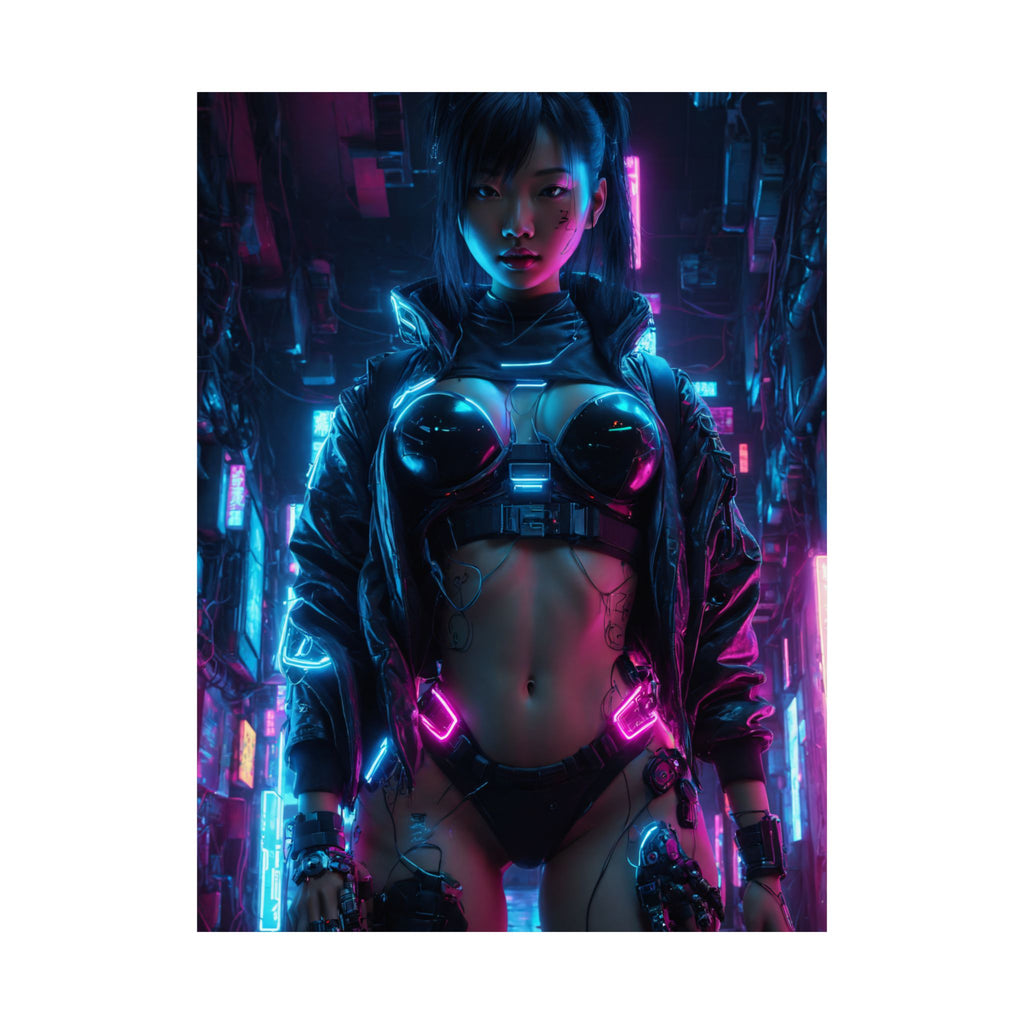 Cyberpunk Neon Female Warrior Matte Poster — Futuristic Sci‑Fi Wall Art