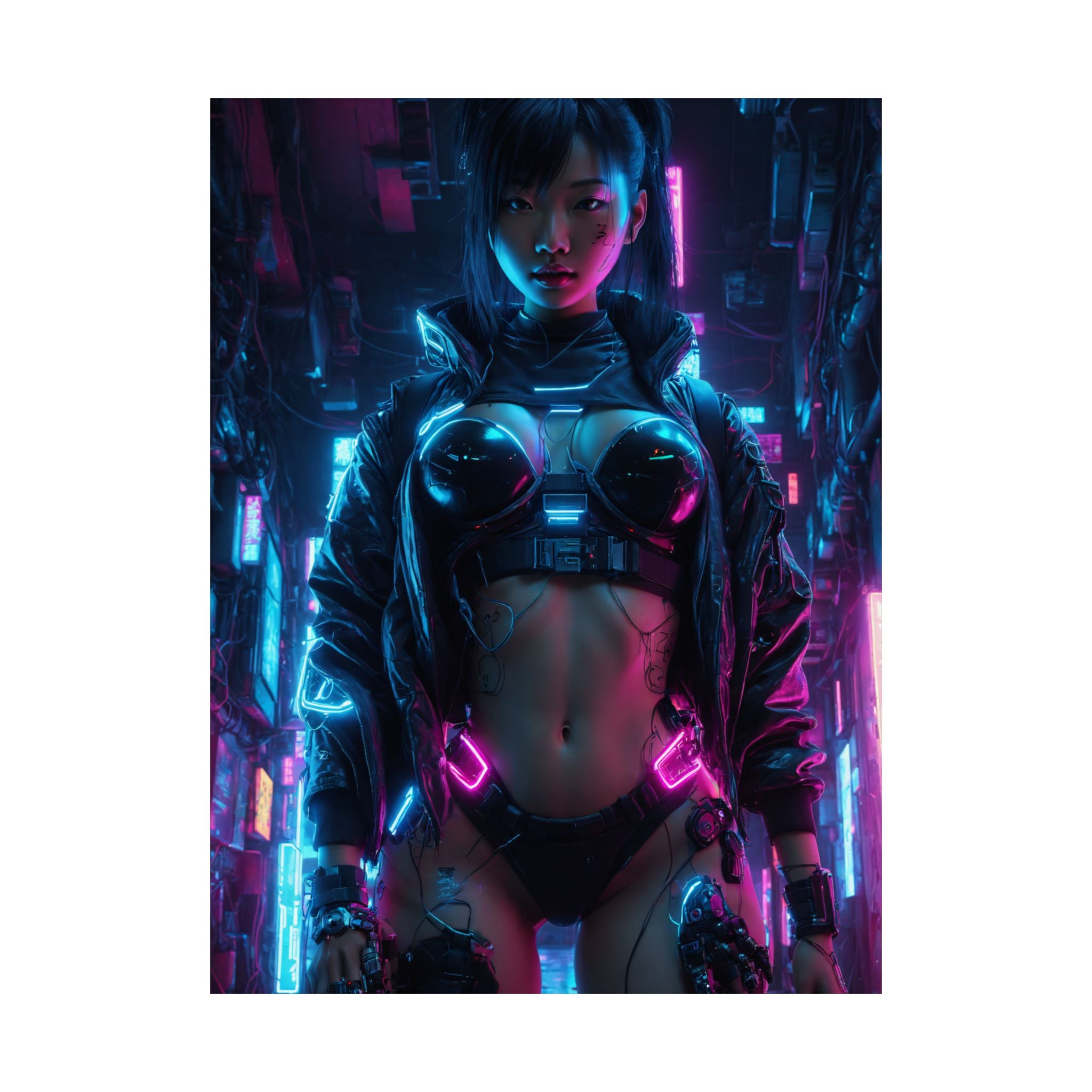 Cyberpunk Neon Female Warrior Matte Poster — Futuristic Sci‑Fi Wall Art
