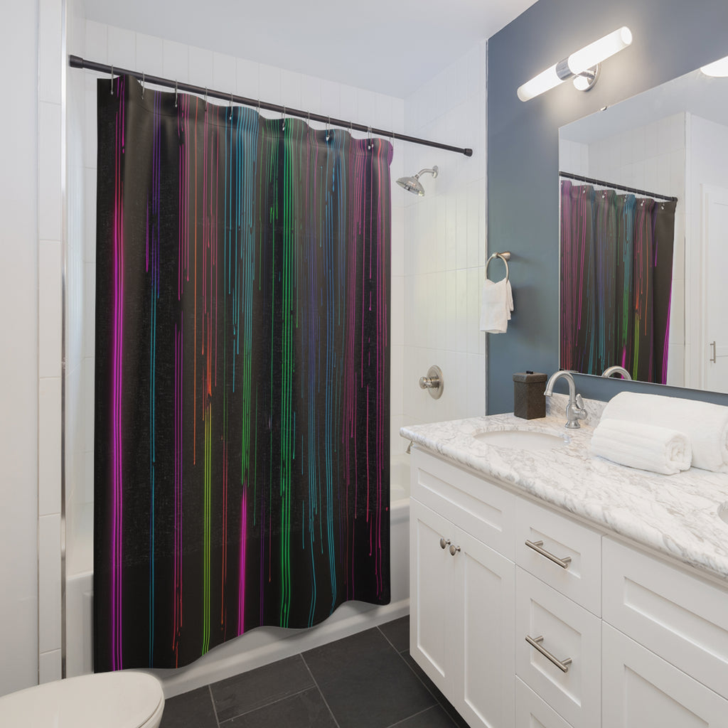 Neon Rain Shower Curtain — Modern Vertical Light Stripe Bathroom Decor
