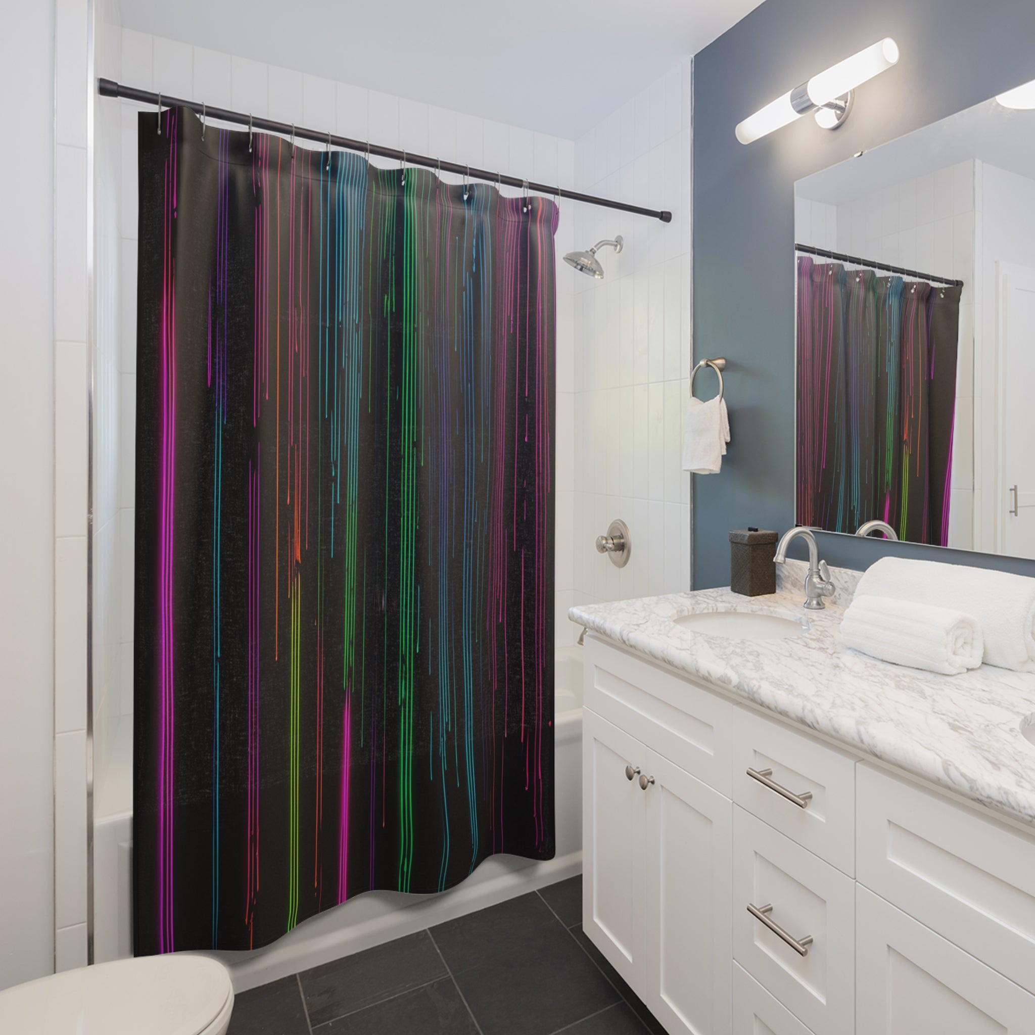 Neon Rain Shower Curtain — Modern Vertical Light Stripe Bathroom Decor