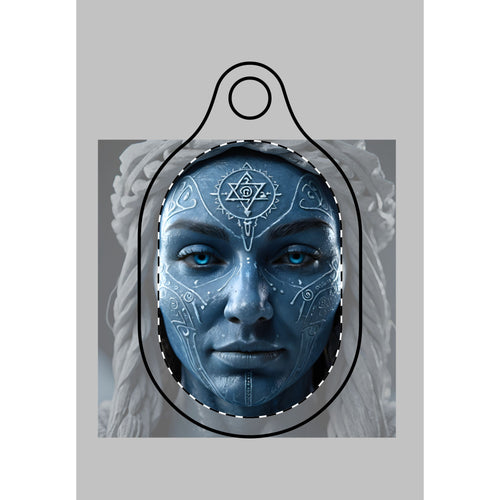 AirTag keychain case printed with blue shamanic face artwork