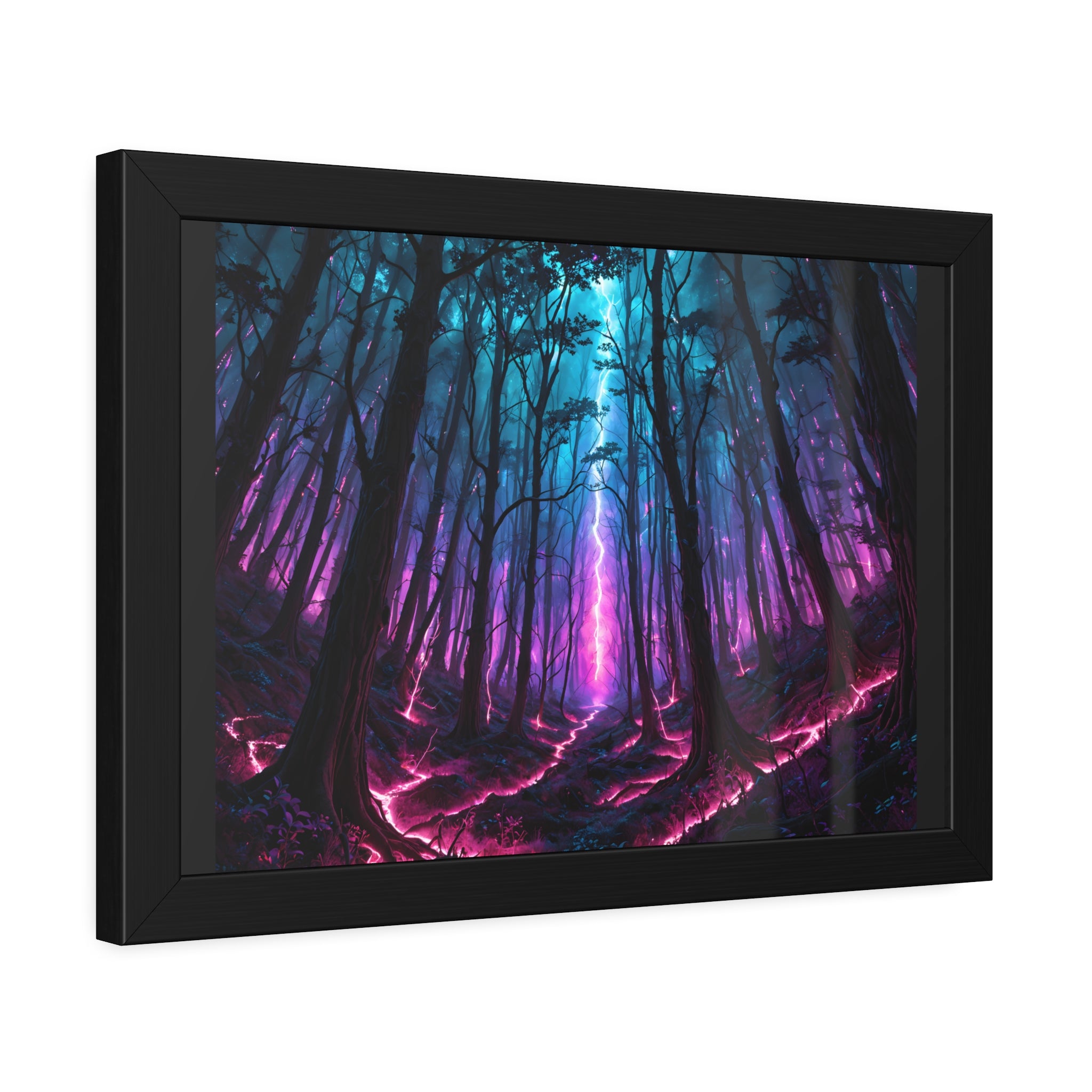Neon Forest Framed Art Print — Mystical Purple & Teal Fantasy Poster