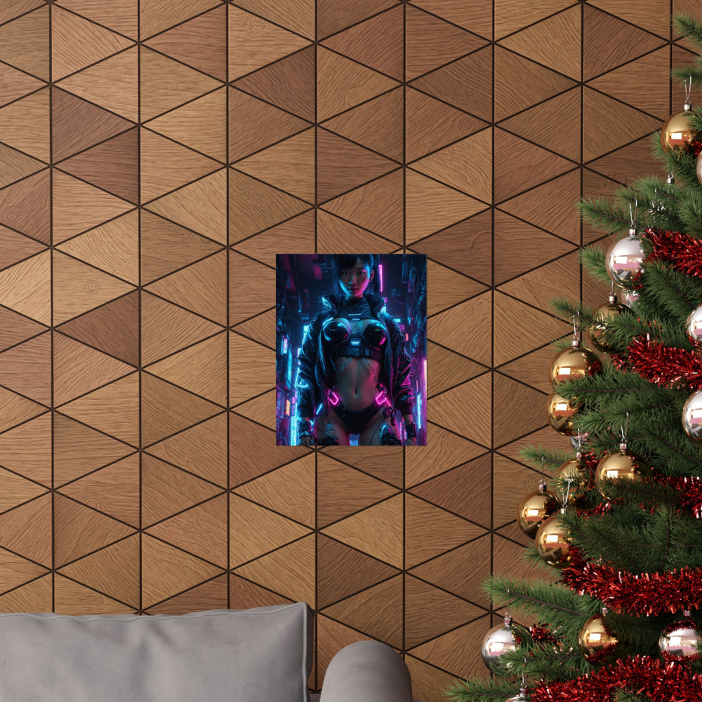 Cyberpunk Neon Female Warrior Matte Poster — Futuristic Sci‑Fi Wall Art