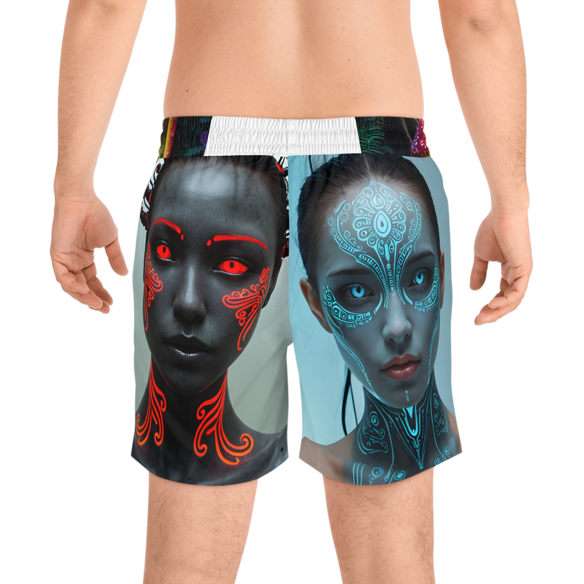 Shorts de bain Cyber Tribal — Maillot de bain pour homme avec motif futuriste néon et visage abstrait