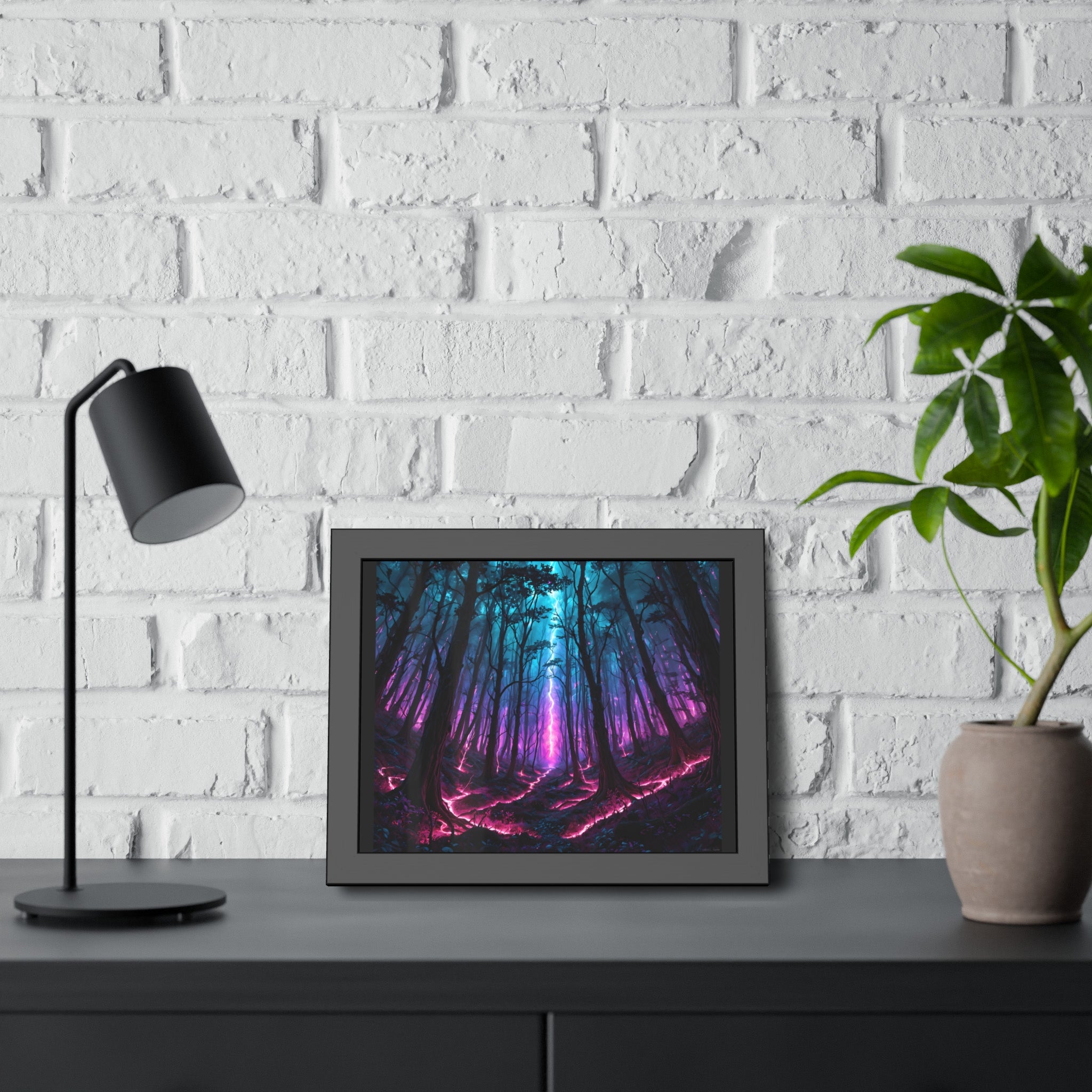Neon Forest Framed Art Print — Mystical Purple & Teal Fantasy Poster